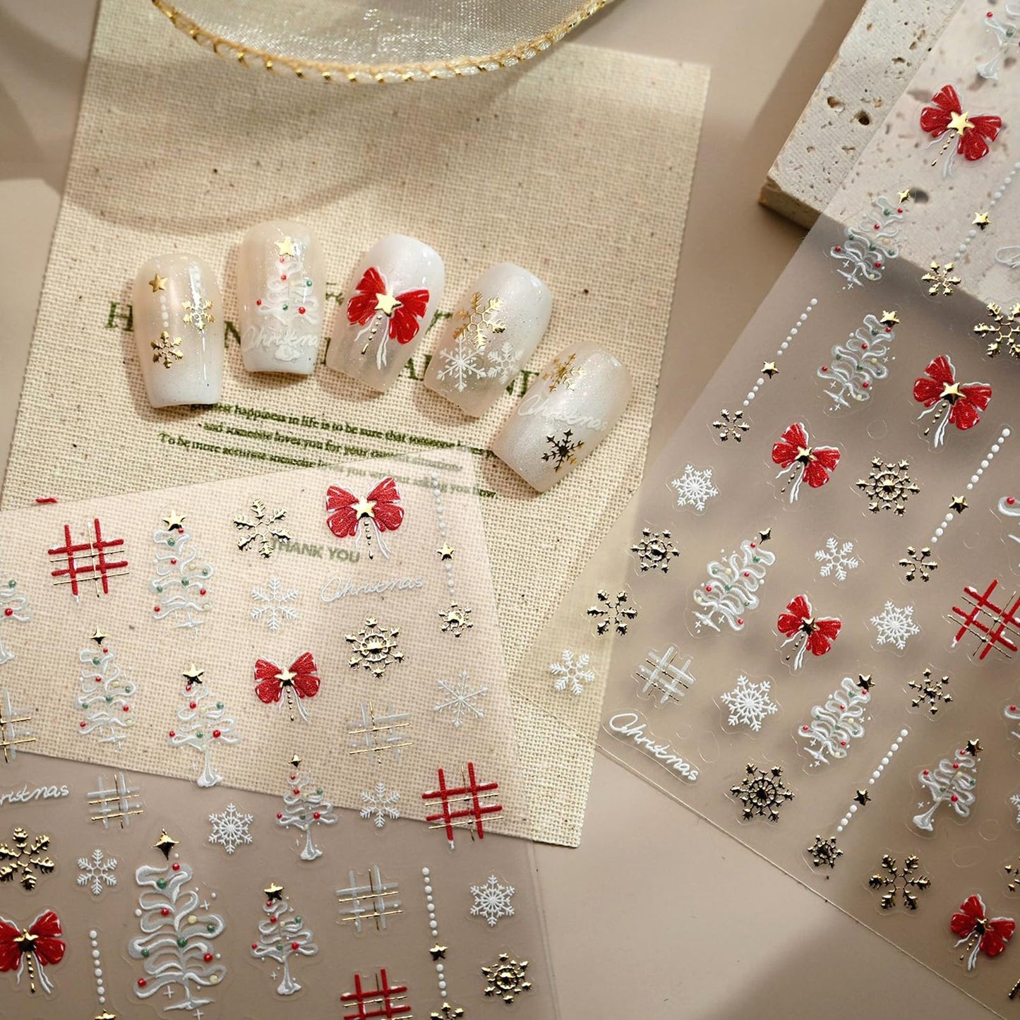 Christmas Nail Art Stickers– 3D Winter Holiday Red Bow, Snowflakes, Christmas Tree Designs – Self-Adhesive Decals for DIY Christmas Nails Manicure Decorations(1 Sheet)