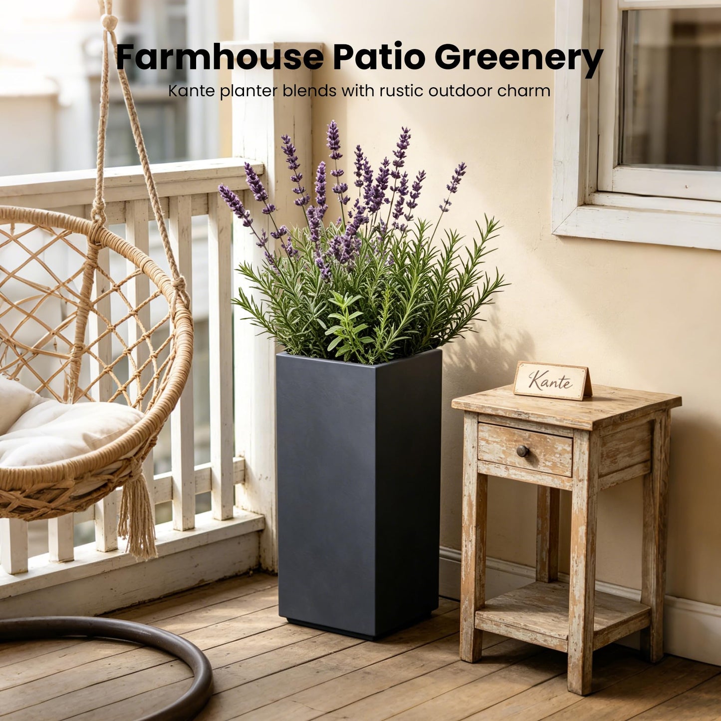 Kante 19.9" H Charcoal Concrete Planter, Tall Modern Rectangular Plant Pot with Drainage Hole & Rubber Plug, Crack-Resistant Lightweight Square Container for Indoor Outdoor Home Garden Patio
