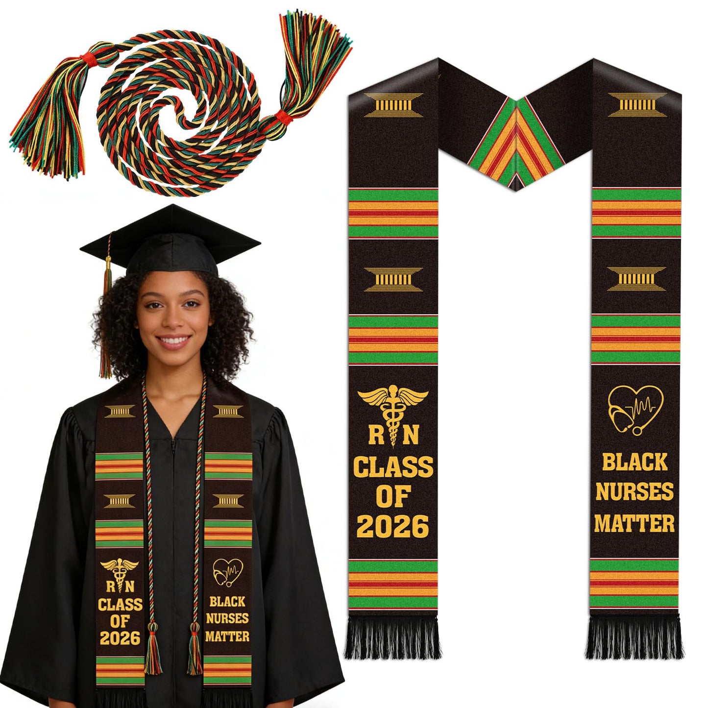 Silkovahamd RN Black Nurses Grauation Stole - Kente Graduation Stole Honor Cord, 2026 Nursing School Black Female Nurse Graduates Medical Academic Ceremony Accessory Gifts