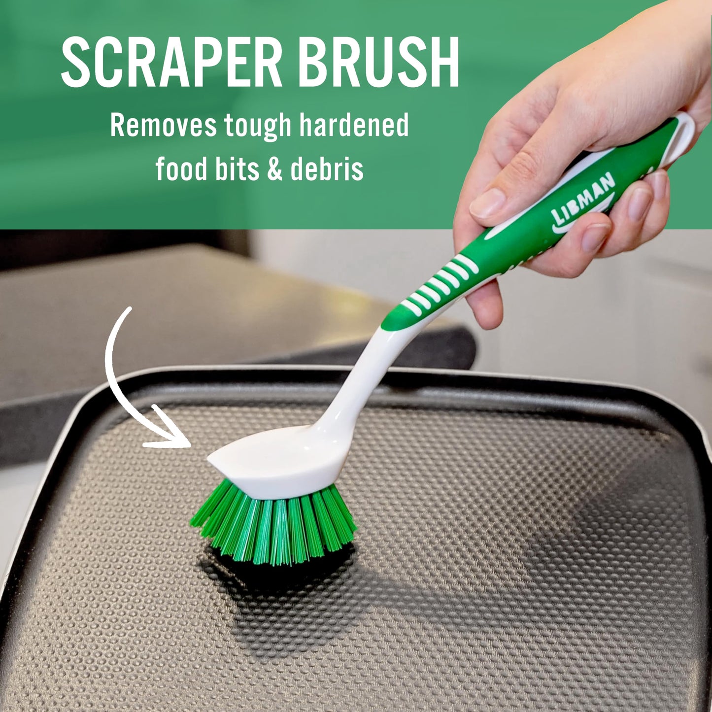 Libman Dish Brush Set with Long Handle - Deep Cleaning Brushes - Dish Scrubber & Scraper - Kitchen Scrub Brush for Dishes, Sinks, Pots, Pans, Vegetables