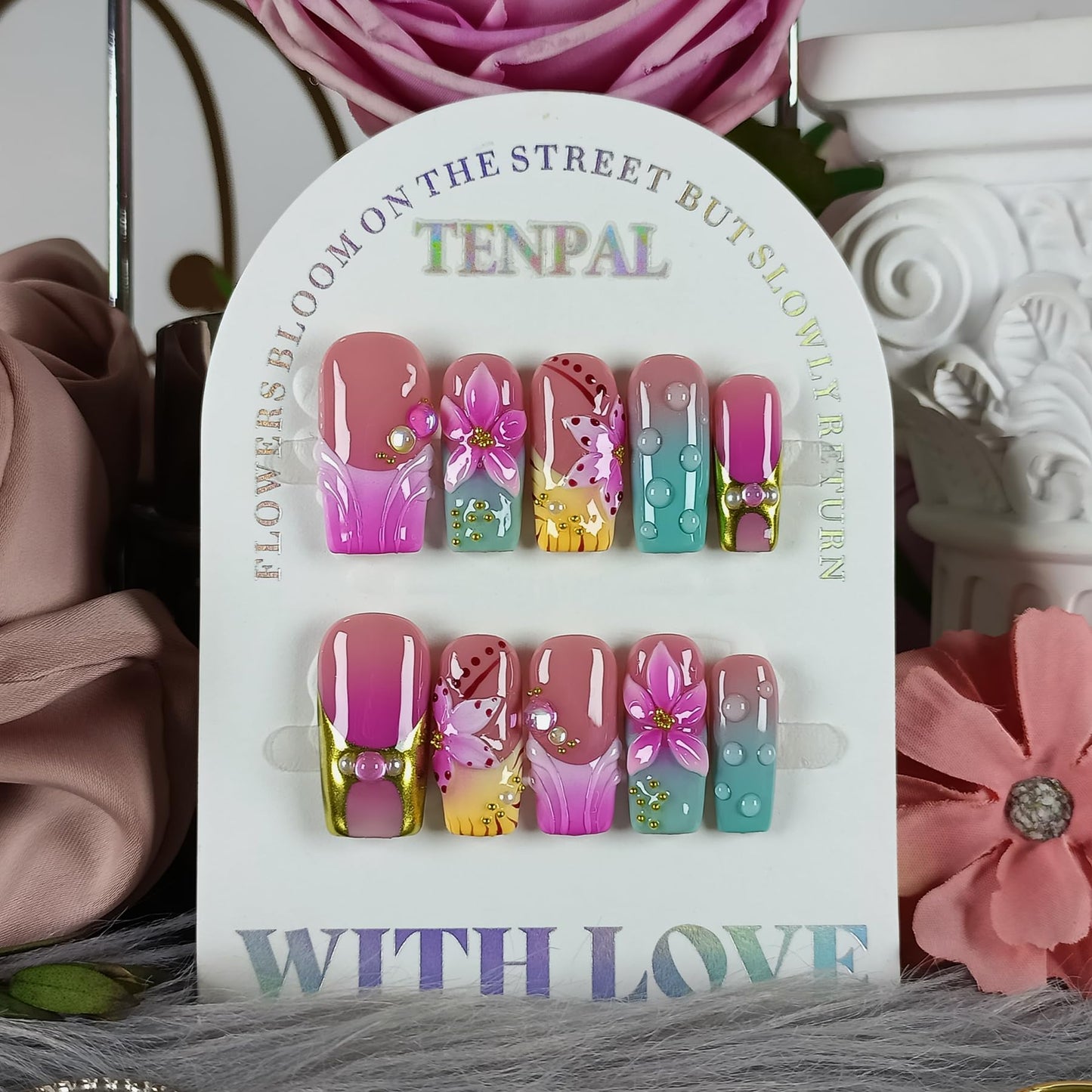 TENPAL Medium Square Press on Nails - Magenta Navy Blush Ombre 3D Floral Design Y2K Glossy False Nails for Women Girls, Acrylic Soft Gel Handmade Square Nails(S)
