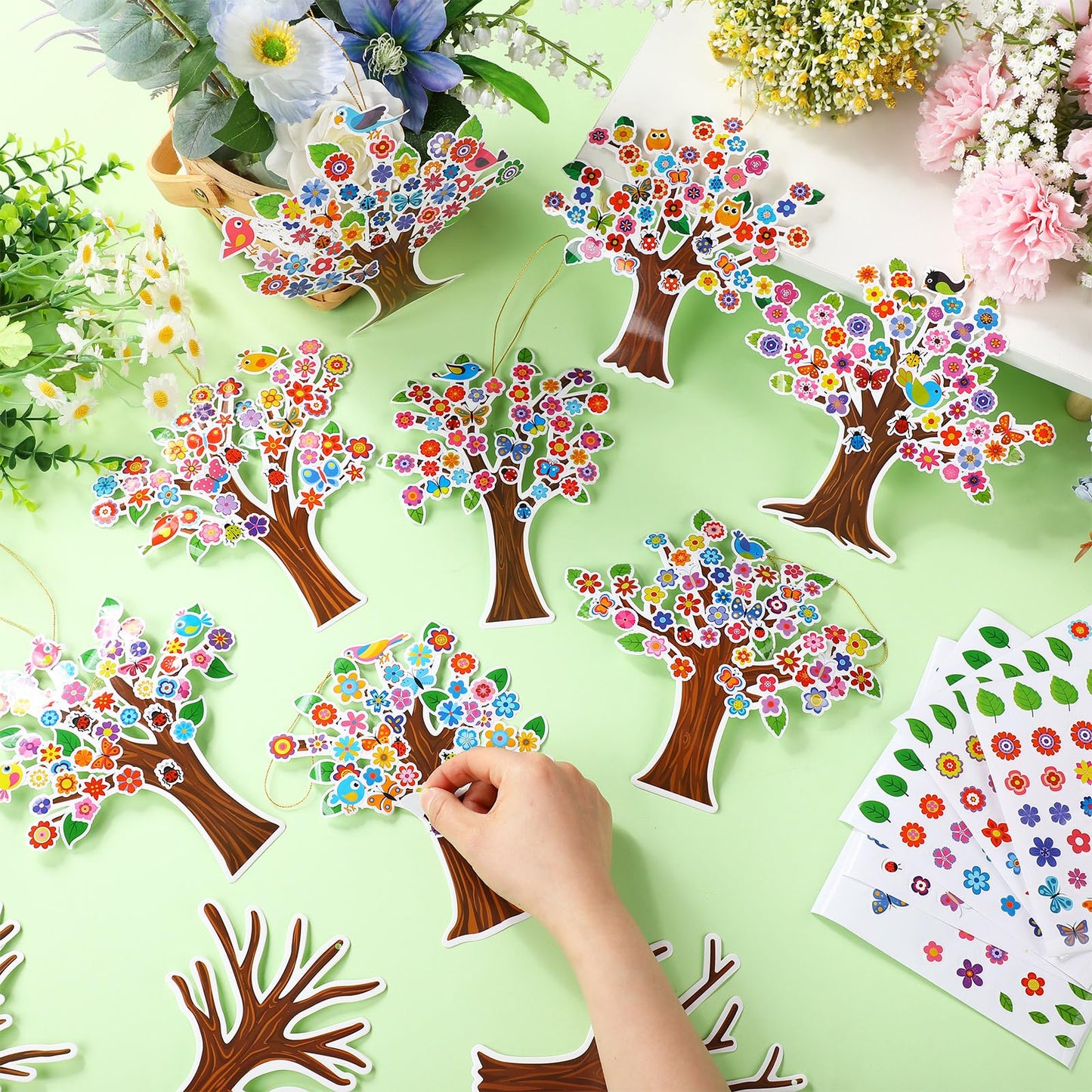 Watersay 48 Sets Spring Tree Craft Kits for Kids Bird Butterfly DIY Tree Spring Art Craft Ornaments for Preschool Home Easter Party Art Activities Decoration
