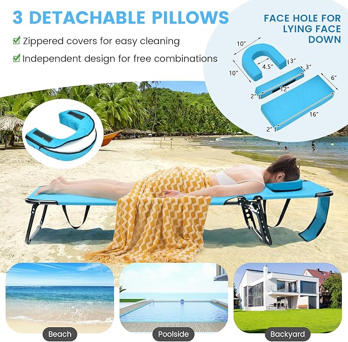 GYMAX Tanning Chair, 350lbs Beach Lounge Chair with Face Hole, Washable Pillow & Carry Strap, Adjustable Folding Chaise Lounge, Layout Lounger for Outside, Patio, Poolside, Lawn (2, Arctic)