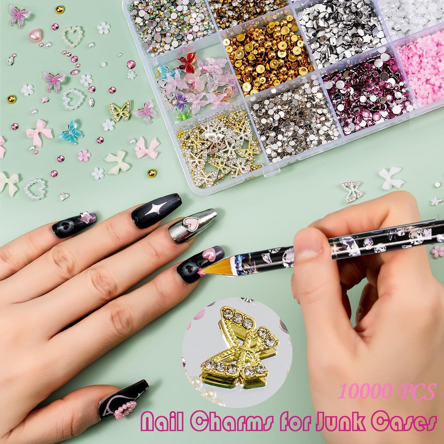 Chunmeng 10000 Nail Spells and Gem Set, Pink Cute Bow, 3D Flowers, Gold Butterfly Pendant - Nail Art Water Diamond, Pearl, Diamond Gem, Comes with DIY Nail Tools