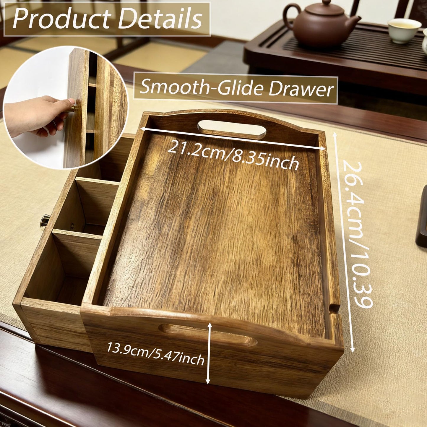 QYLZ Acacia Wood Tea Bag Organizer, Wooden Storage Box with Drawer, Tea Caddy for Teabags, Teabag Holder Container Boxes for Countertop, Tea Bar Station Chest Display, Tea Accessories Gift