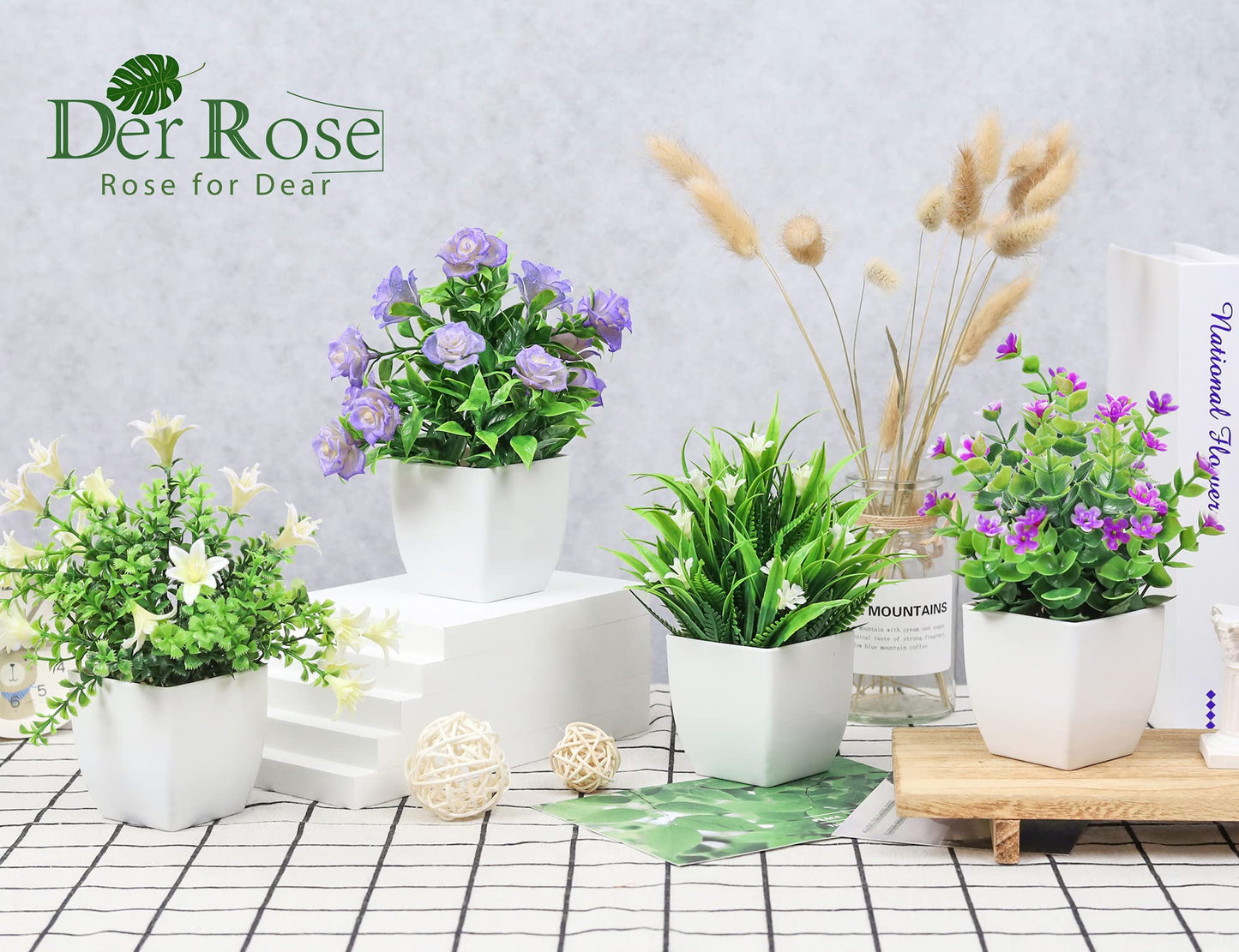 Der Rose 4 Pack Small Fake Plants Mini Artificial Faux Plants Indoor with Flowers Spring Decorations for Home Room Farmhouse Desk House Bathroom Decor