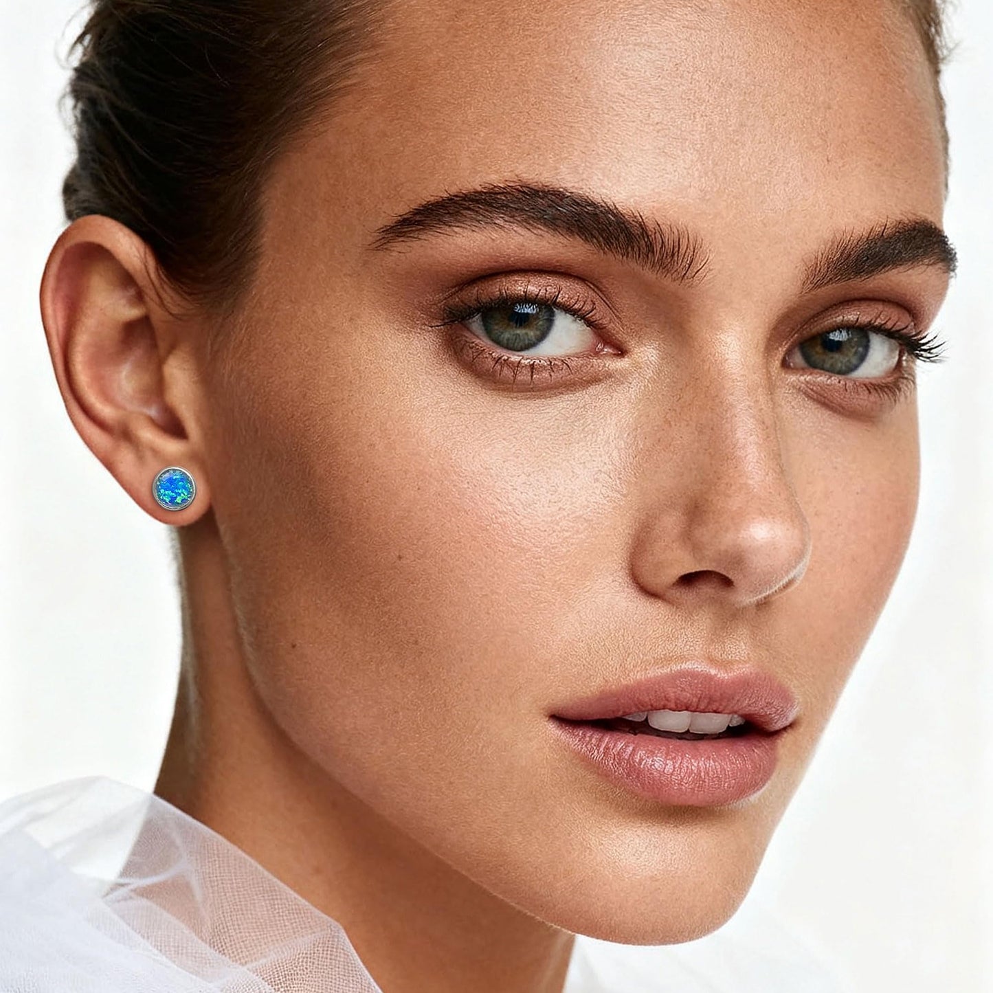 JiayangJY Silver Blue Fire Opal Stud Earrings for Women 18K White Gold Plated Sterling Silver Round Shape 6mm Opal Earrings with Push Back