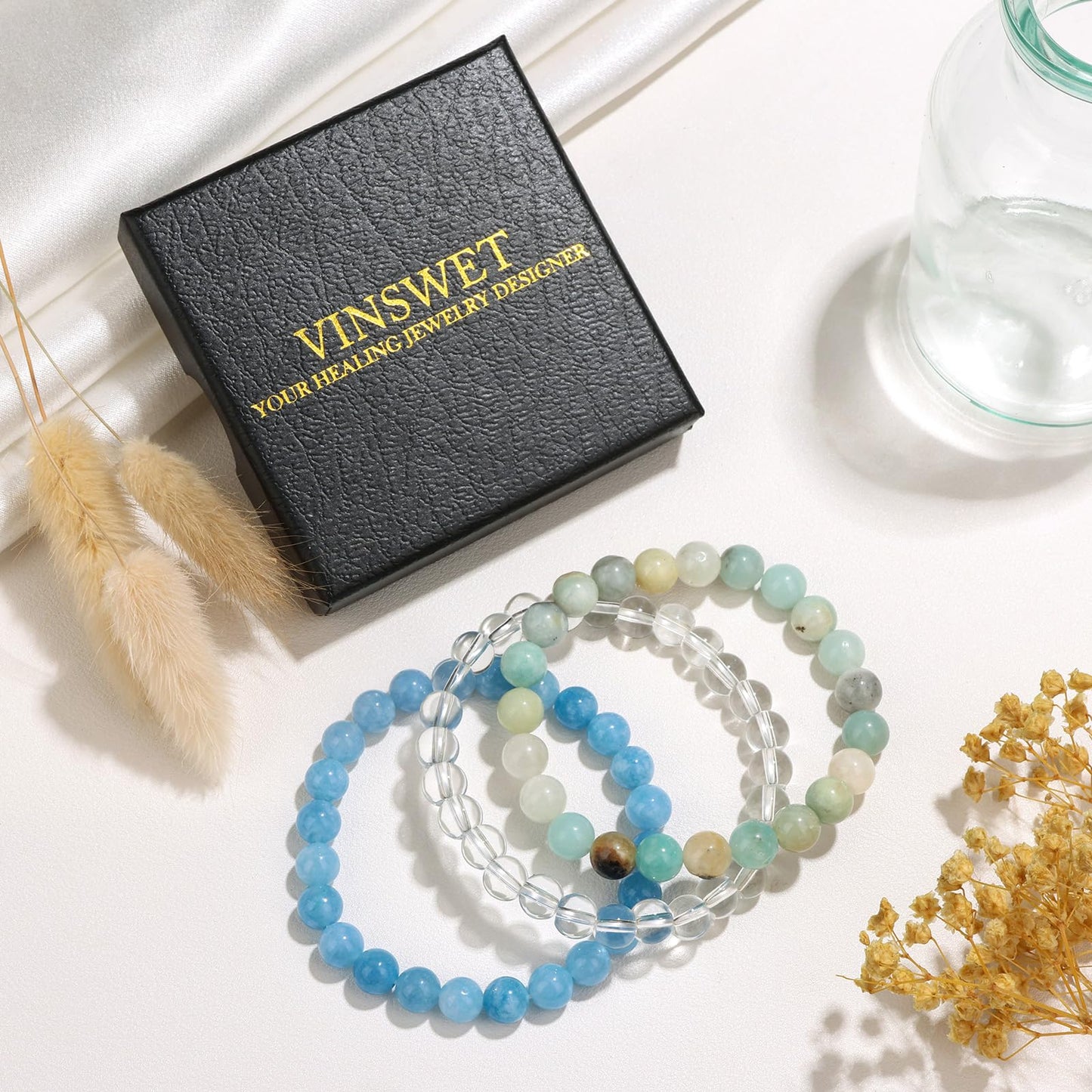 Vinswet Healing Crystal Bracelets for Women Men 8mm Angelite Amazonite Clear Quartz Natural Stone Beaded Stretch Bracelet Triple Protection Handmade Gemstone Reiki Spiritual Jewelry Gifts