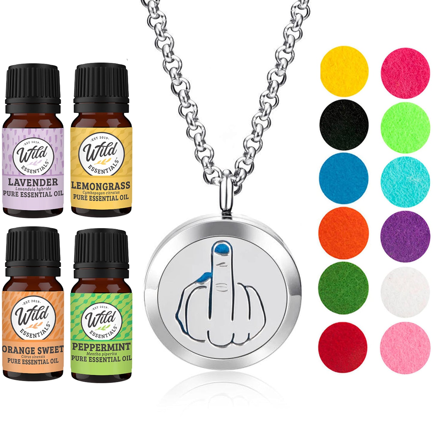 Wild Essentials Middle Finger Necklace Essential Oil Diffuser Kit, Lavender, Lemongrass, Peppermint, Orange Oils, 12 Refill Pads, Calming Aromatherapy Gift Set, Customizable Color Changing, Perfume