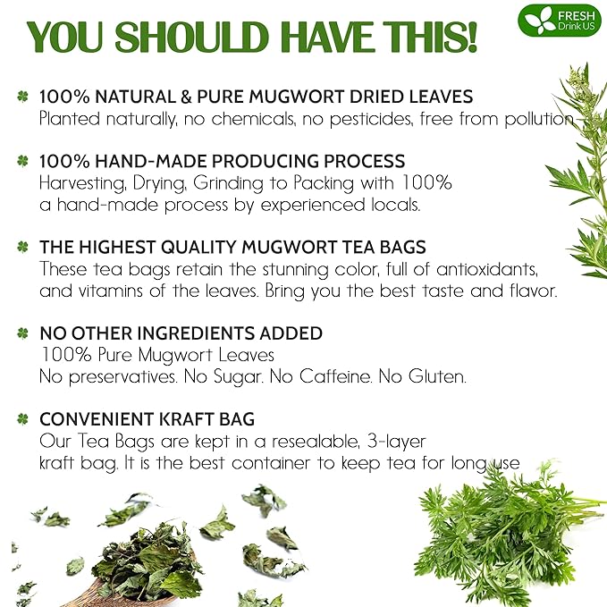FreshDrinkUS, Premium 25 Mugwort Leaf Tea Bags, 100% Natural and Pure Mugwort Leaves. Loose Leaf Herbal Tea. No Sugar, No Caffeine, No Gluten, Vegan. (25 Tea Bags)