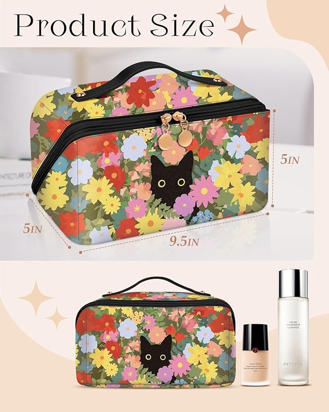 Bistup Makeup Bag Travel Cosmetic Bag Toiletry Make Up Bags Cute Women Large Capacity Big Medium Leather Cat Flower Aesthetic Girl Teen Teenage Foldable Expandable Open Flat Zip