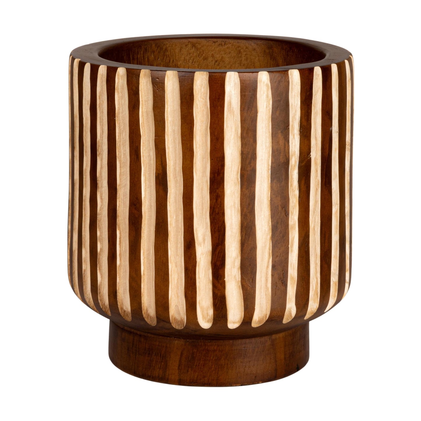 Creative Co-Op Hand-Carved Wood Planter with Stripes, Walnut Finish