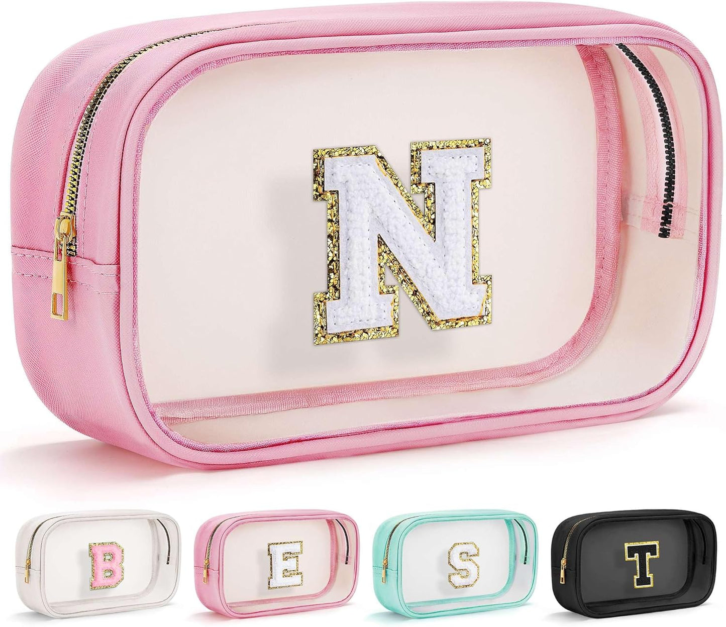 YOOLIFE Initial Travel Makeup Bag Pouch, Clear Toiletry Bag for Women Travel Accessories Cosmetic Bag Skin Care for Teen Make Up Bags Birthday Gifts for Women Unique Teacher Mom Friends Gifts Pink N
