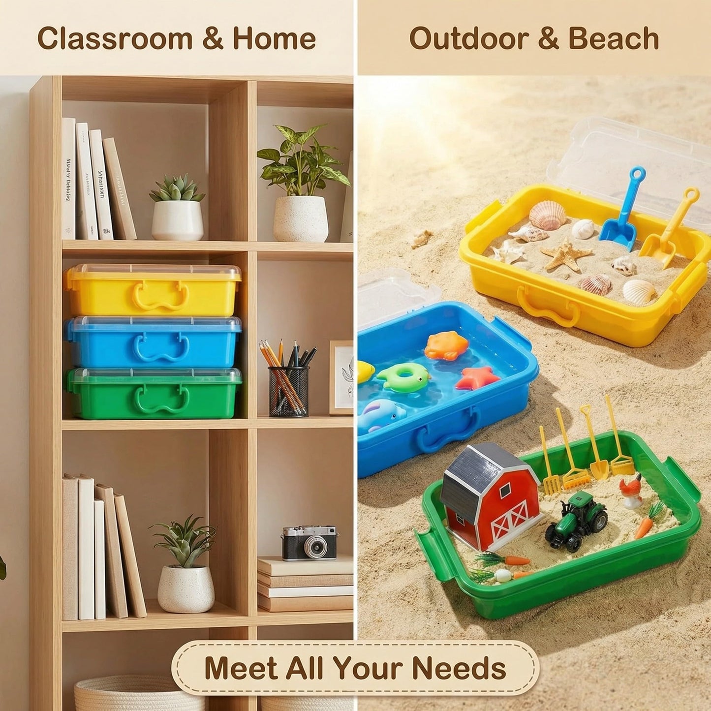 Carolart 3 Pack Storage Bins with Lids, 13.5 Inch Plastic Toy Organizer for Classroom, Small Stackable Containers for Sensory Sand, Art Supplies, Puzzles, Craft and Snacks