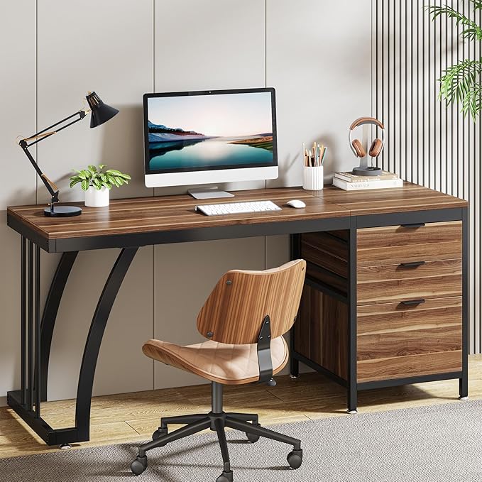 Tribesigns Computer Desk with 3 Drawers, 59-Inch PC Desk with Reversible Drawers, Industrial Study Writing Table Workstation with File Storage for Home Office, Walnut
