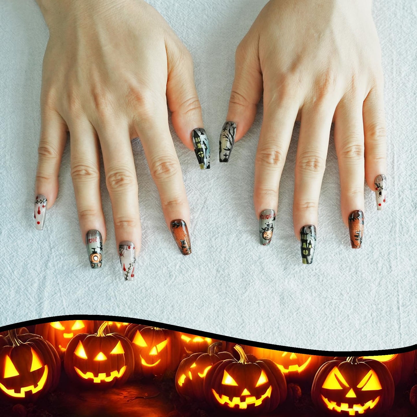 Tesytto Handmade Press on Nails Long Coffin - Cartoon Story with Horror Design for Parties, Halloween (Halloween House Story,S)