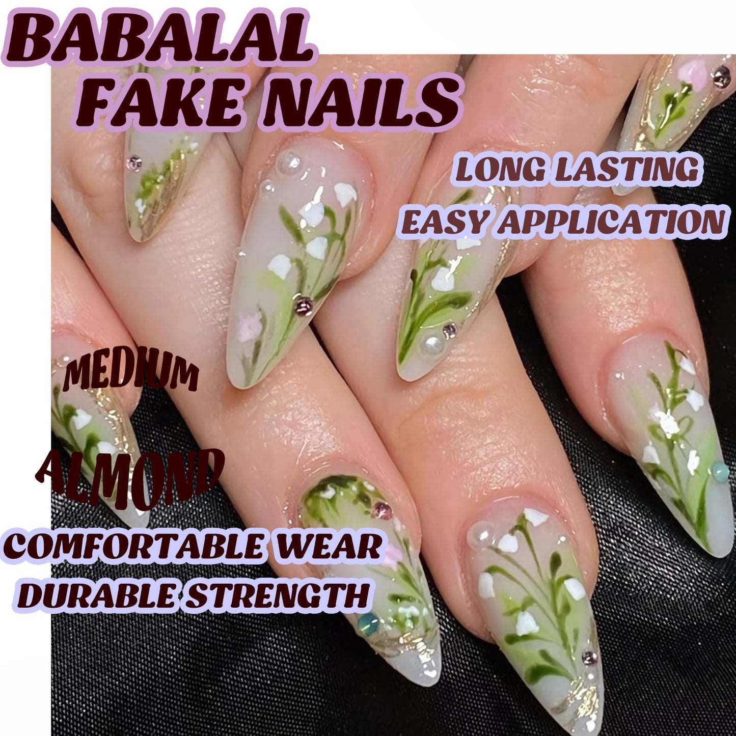 BABALAL Green Press on Nails, Medium Almond Fake Nails, Spring Gold Bling Design Flower Design, 24Pcs Glossy Full Cover Acrylic False Nails for Women Girls