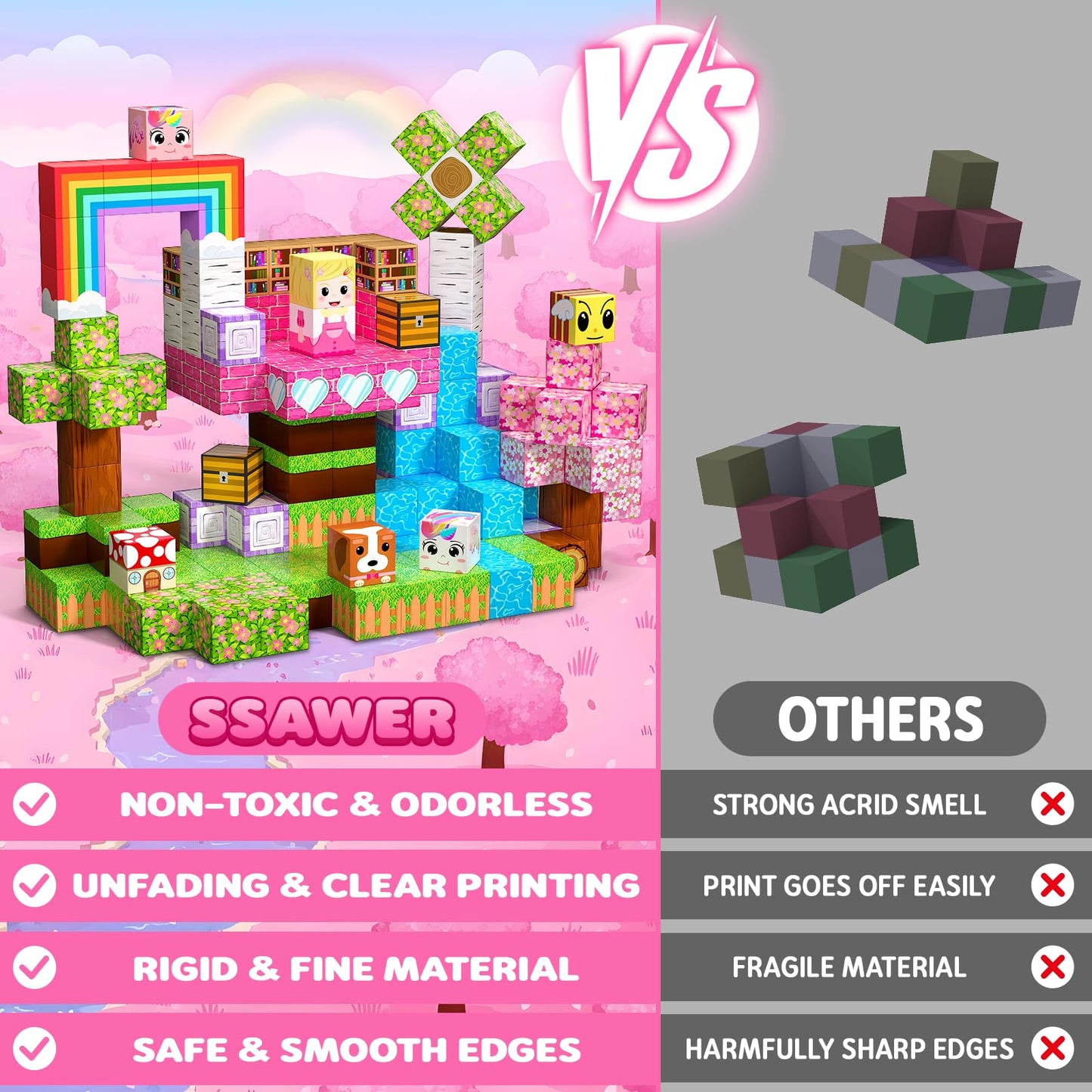 SSAWER Magnetic Blocks, 100PCS Magnetic Building Blocks, Stacking Magnets for Kids, Sensory Toy for STEM Constructions Magnet Blocks for Girls Age 3+, Christmas Birthday Gifts