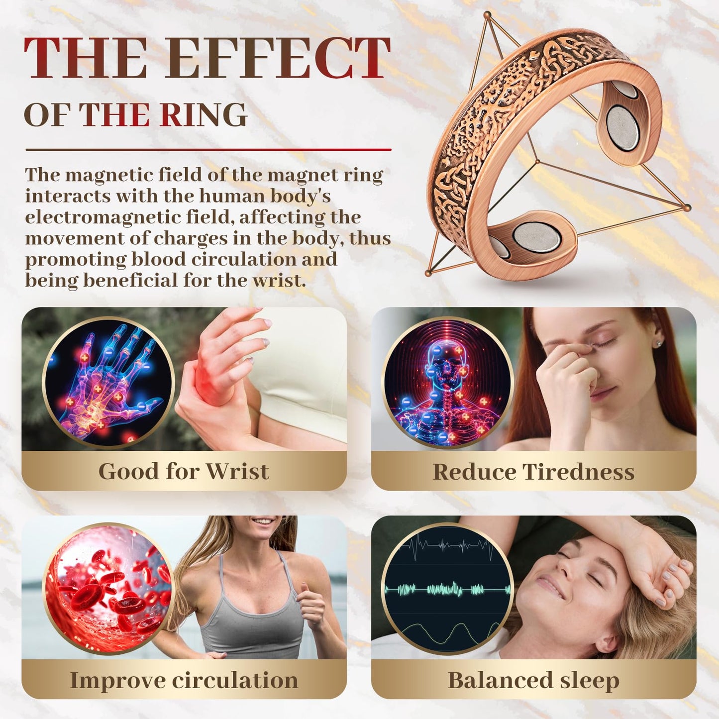 Auramag Copper Rings for Women, Magnetic Rings with 3500 Gauss Magnets, Adjustable, 100% Pure Copper, Lymphatic Drainage, Tree of Life & Plum Blossom Design