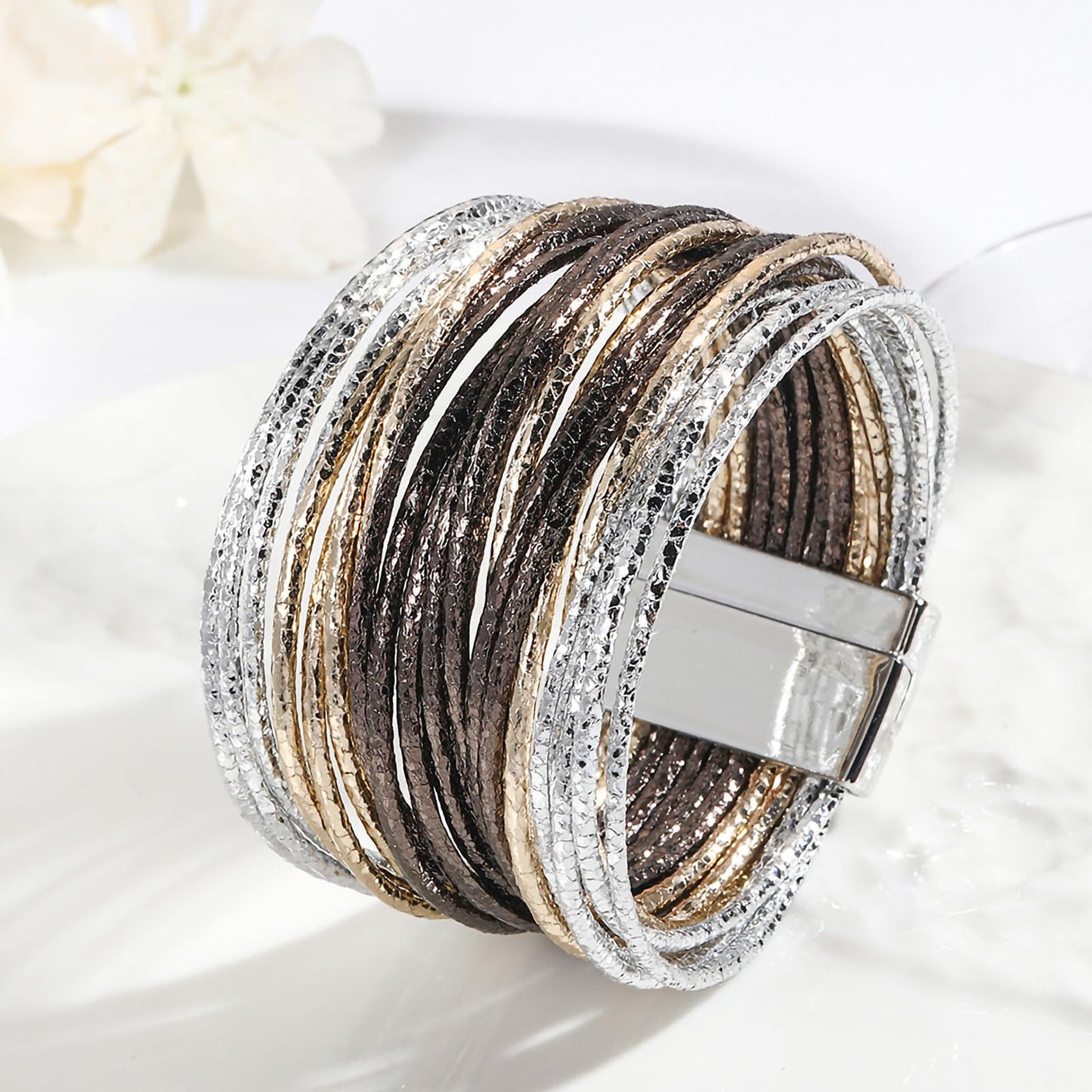Leopard Bracelet for Women, Boho Leather Wrap Multi-Layer Pearl Crystal Bracelet Bangle Jewelry (Leather String Brown)