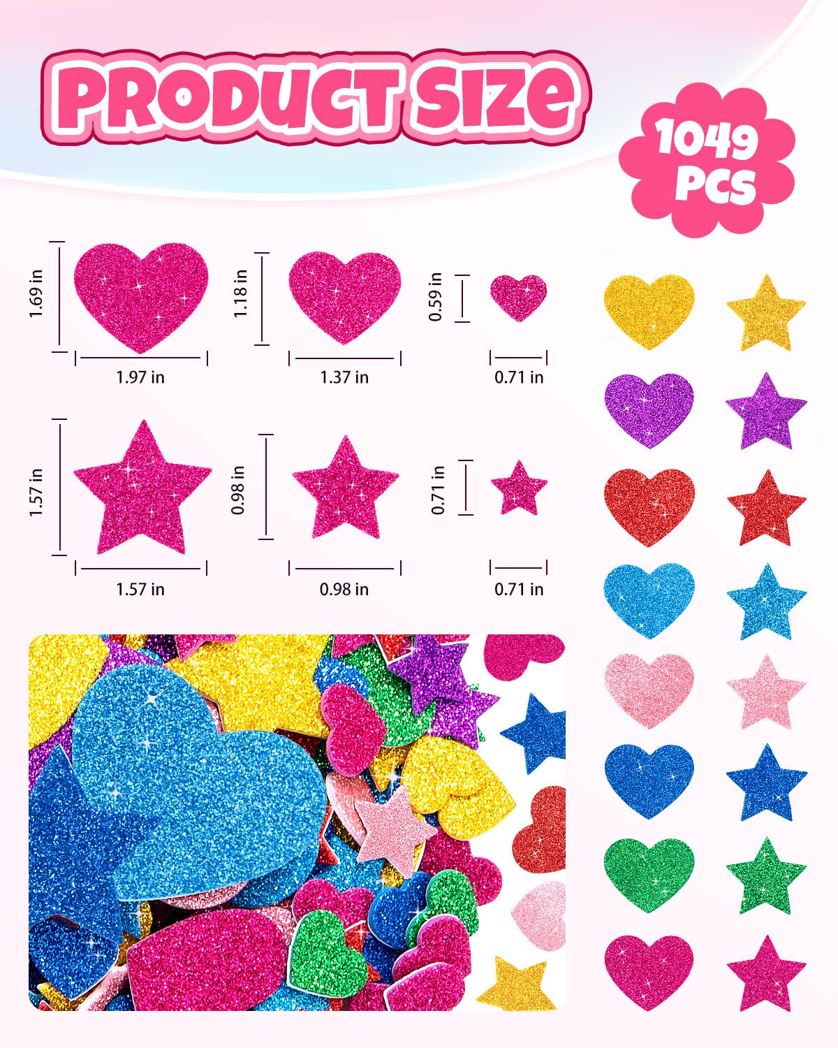 1024PCS Glitter Foam Stickers for Kids - Self-Adhesive Heart & Star Shapes, Sparkle Craft Stickers for DIY Greeting Cards, Scrapbooking, Home Decor, Envelopes & Children's Art Projects