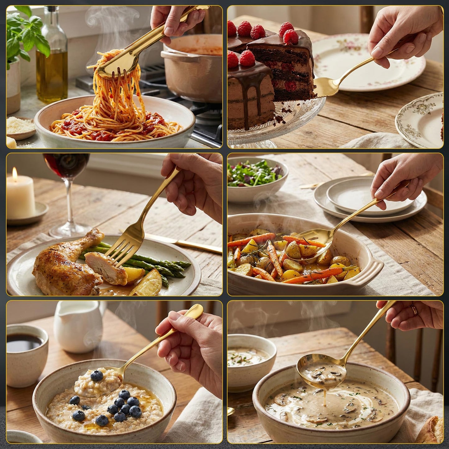 17 Pcs Gold Serving Utensils Set Include Stainless Steel Large Serving Spoons Slotted Spoons Forks Soup Ladle Pie Server - Metal Utensils for Parties Buffet Catering, Dishwasher Safe