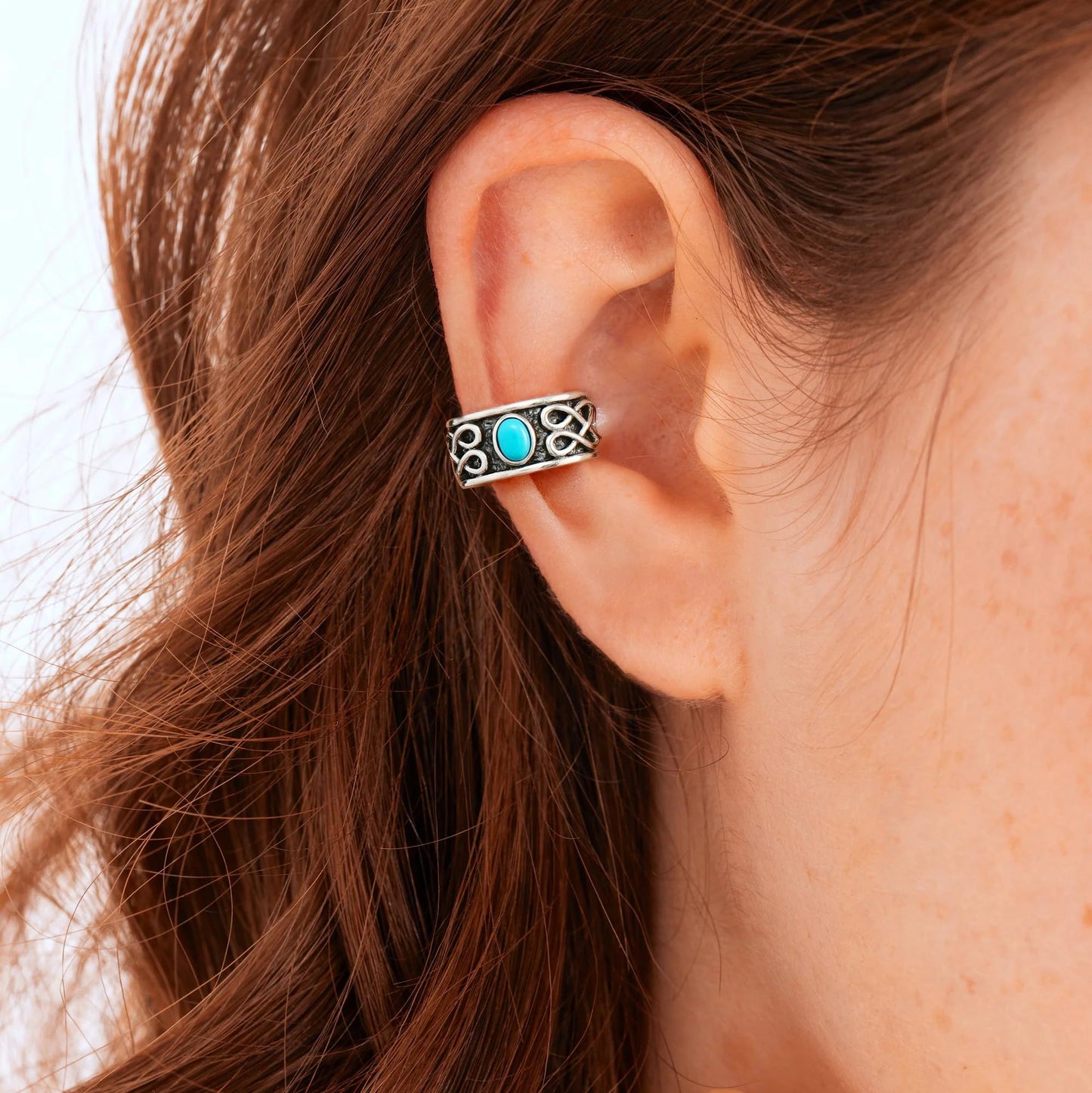 925 Sterling Silver Turquoise Celtic Knot Oxidized Ear Cuffs For Women, Sterling Silver, Turquoise