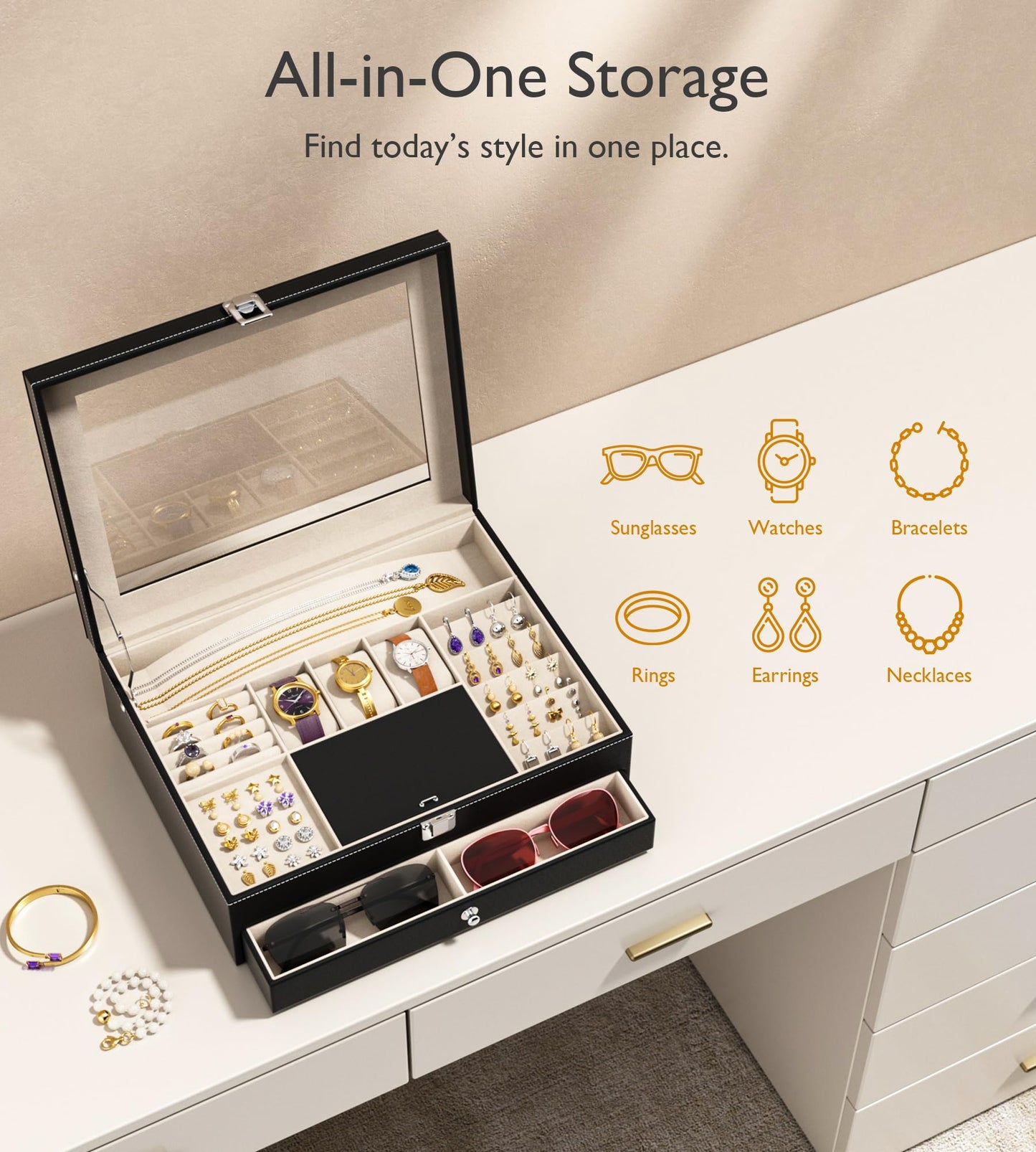NEWLOOP Jewelry Sunglasses Organizer for Women – 2 Layer Storage Box with 10 Eyeglass Slots 3 Watch Holders Necklace and Earring Compartments Velvet Lined Jewelry Box Eyeglass Box Watch Box Display