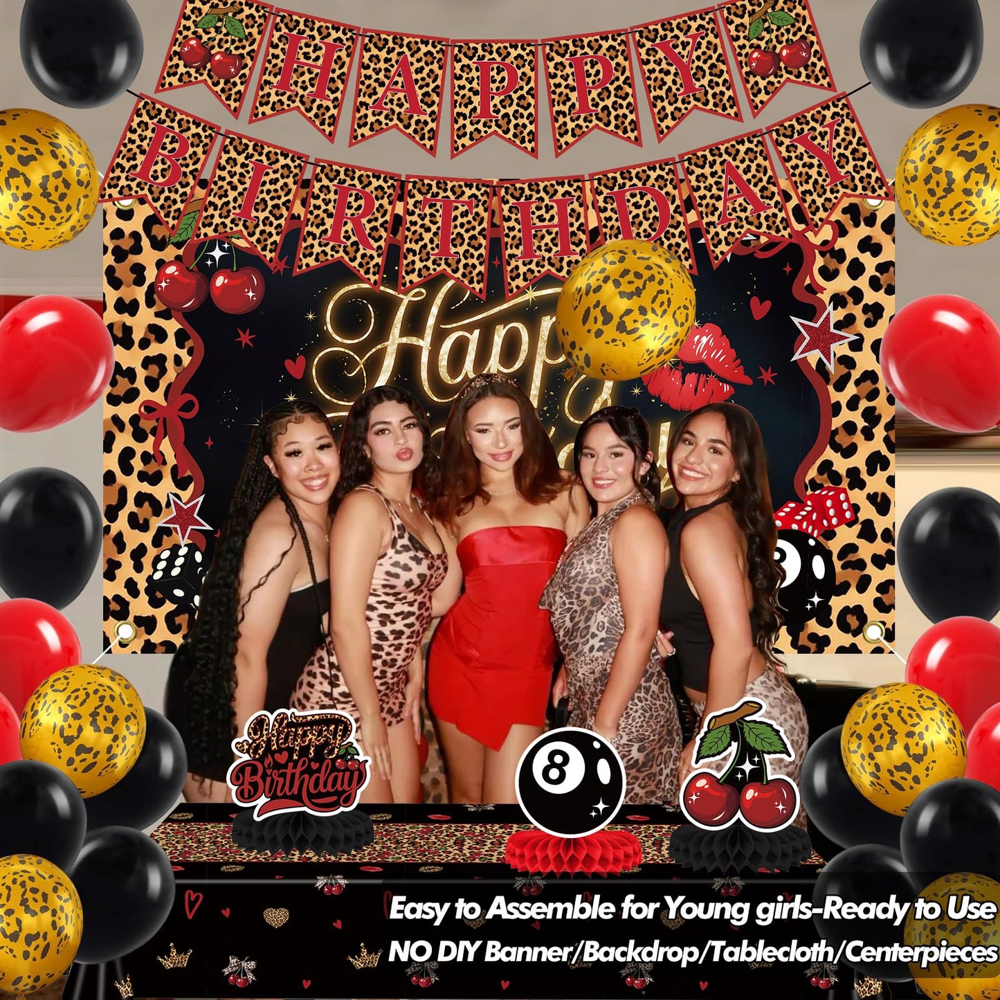 Red Black Cheetah Print Cherry Birthday Decorations Kit - Leopard Birthday Party Decor with Pre-Strung Banner Backdrop Tablecloth Balloons Cake & Cupcake Toppers, Prefect for Girls Women Big Mama