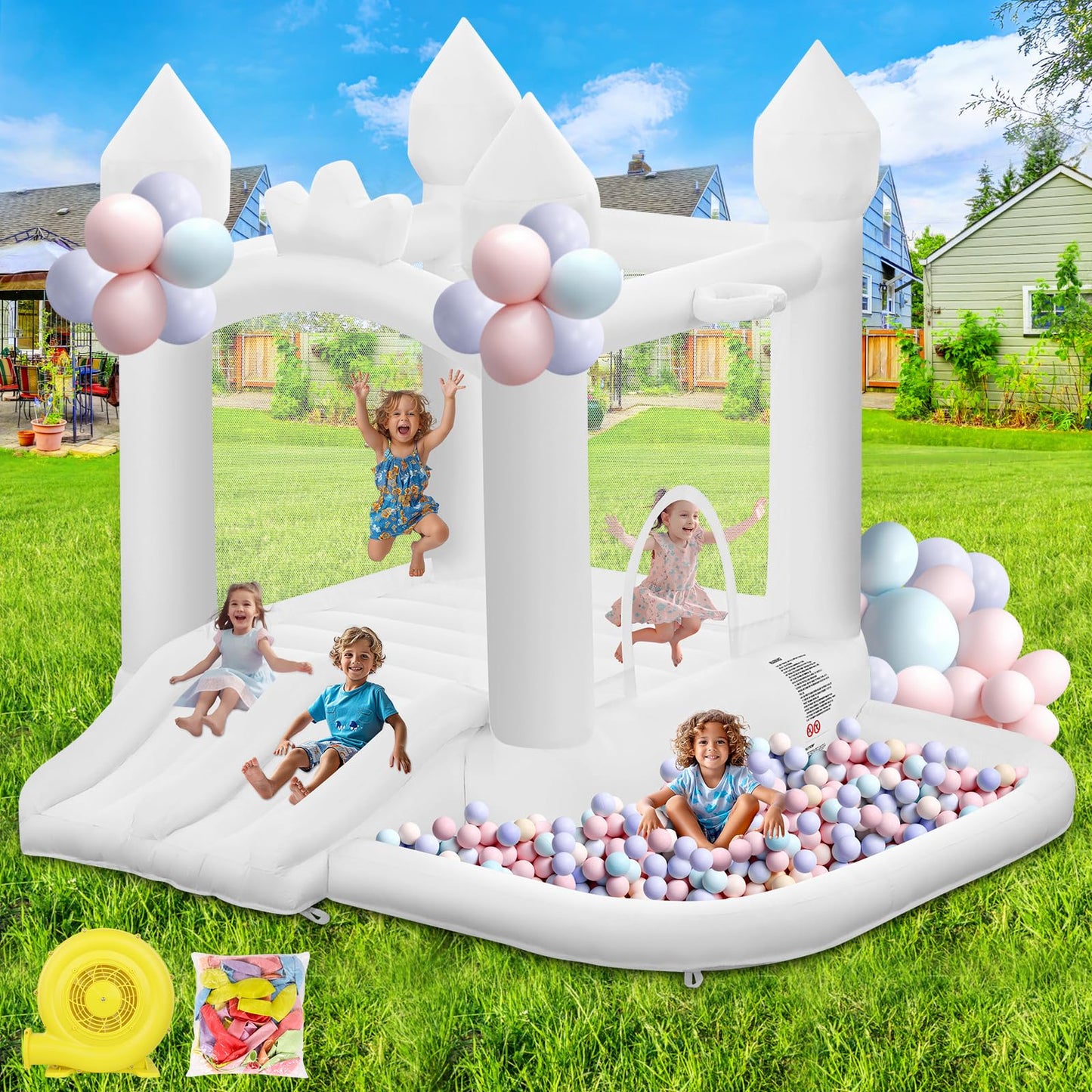 FINCOME White Bounce House, Inflatable Bounce Castle with Double Slide Ball Pit 370W Blower Bouncer for Toddler, Bounce House Bouncy Castle for Indoor Outdoor Backyard Wedding Kids Birthday Party
