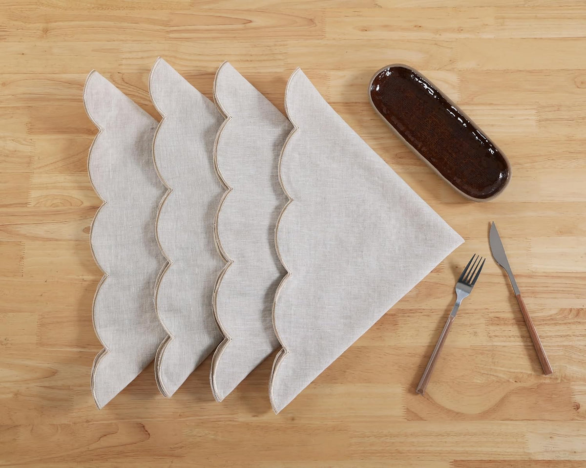 100% French Flax Linen Cloth Napkins Scalloped Embroidery 20’’x20’’ for Dinners, Parties, Weddings, Decorative Halloween, Spring, Easter, Set of 4 Pcs, Natural Linen(Edges-Gold)