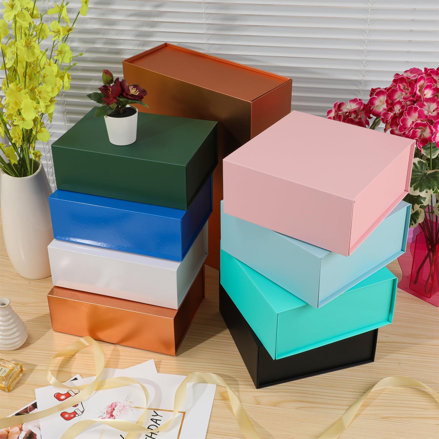 MUMUPACK 6 Pack Black Gift Boxes With Lids,9x9x4 Inch Bridesmaid Proposal Box And Printable Stickers,Proposal Boxes With Ribbon For Wedding, Packaging, Present, Birthday