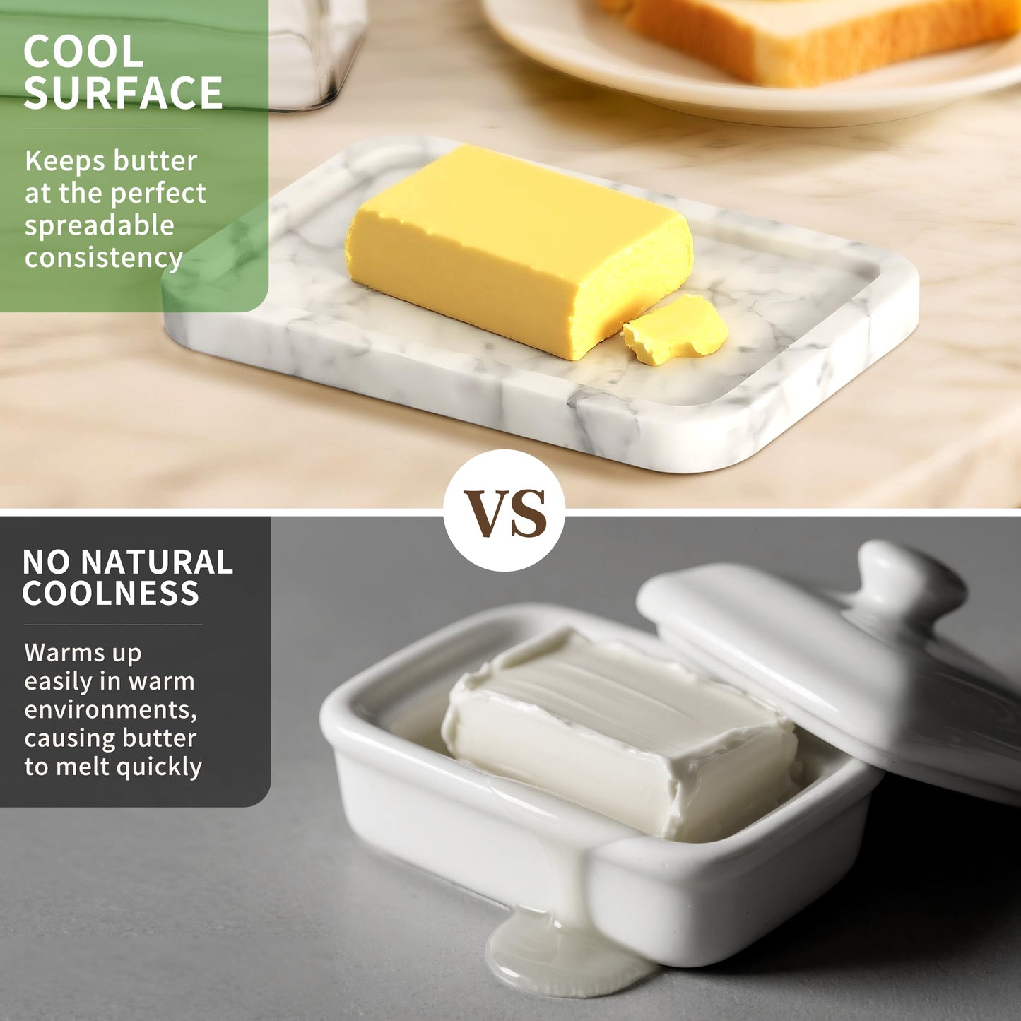 XenMee Marble Butter Dish with Lid, Elegant Large Capacity Butter Holder for Countertop & Refrigerator – Natural Cool Surface Keeps Butter in an Ideal Spreadable State – White Butter Container