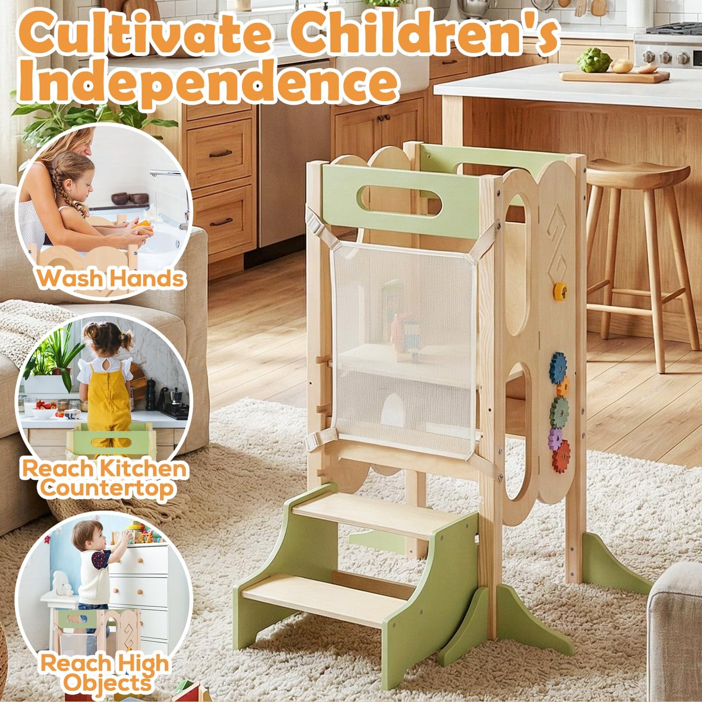 XYMERO 6 in 1 Toddler Tower with Removable Ladder, Foldable Wooden Kitchen Step Stool for Kids, Adjustable Children Helper Tower for Baby, Standing Tower with Safety Equipment and Black Board