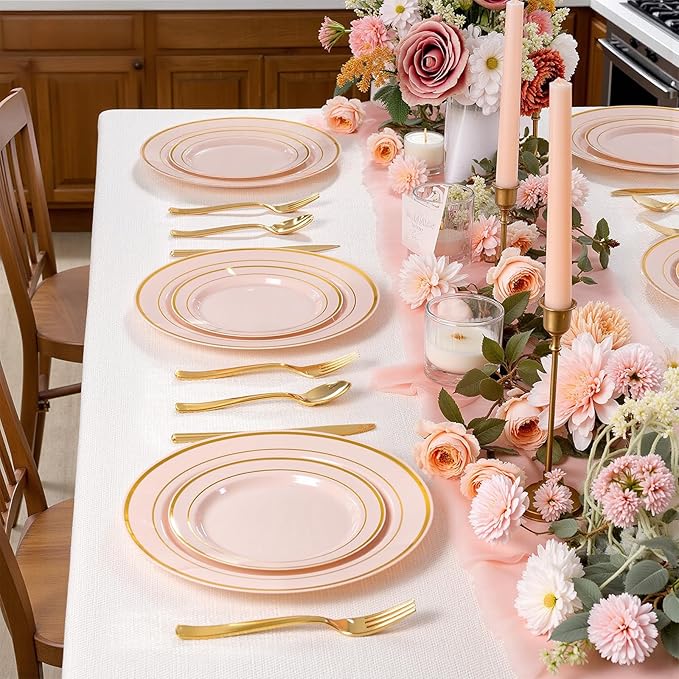 100Pcs Pink Plastic Dessert Plates, Disposable Salad Plate with Gold Rim, Premium Hard Fancy Small Plates, Heavy Duty Plastic Cakes Plates for Party, Wedding&Birthday&Valentine's Day