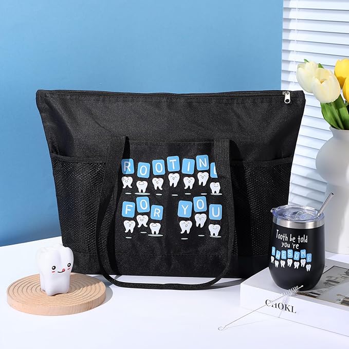 Sliner 3 Pcs Christmas Dental Assistant Gifts Positive Dentist Dental Hygienist Gifts Accessories Inspirational 12oz Tumbler Tote Bag Funny Teeth Stress Toy for Women Students Nurses Doctors(Black)