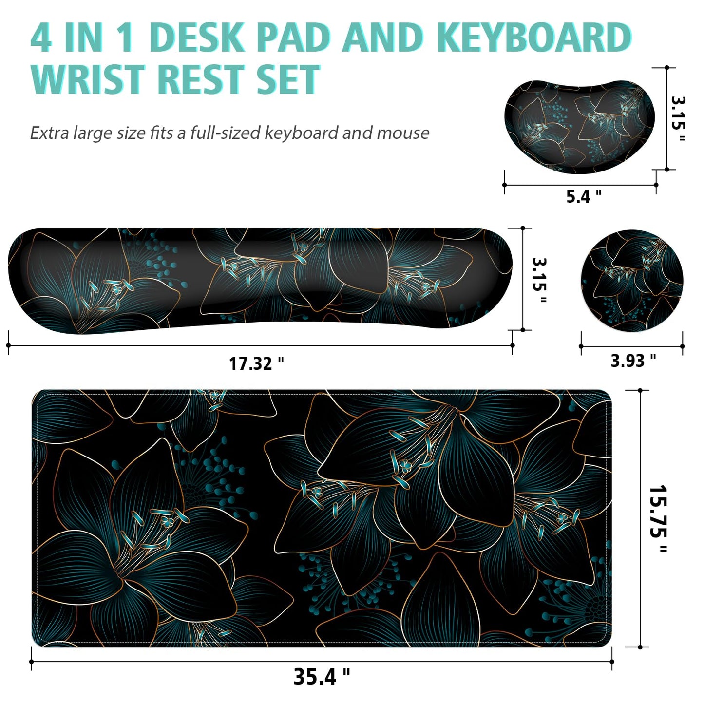 Keyboard Mouse Pad Set,Large Gaming Mouse Pad+Keyboard Wrist Rest+Wrist Rest+Coaster,Computer Desk pad Set Wrist Support for Office Desktop Laptop. (35.4" x 15.7") Extended Desk Mat (Floral)