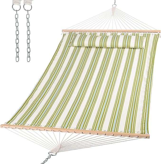 SUNCREAT Hammock 2 Person Heavy Duty, Double Hammocks for Trees, 2 Person Hammock with Spreader Bar, Green&Beige