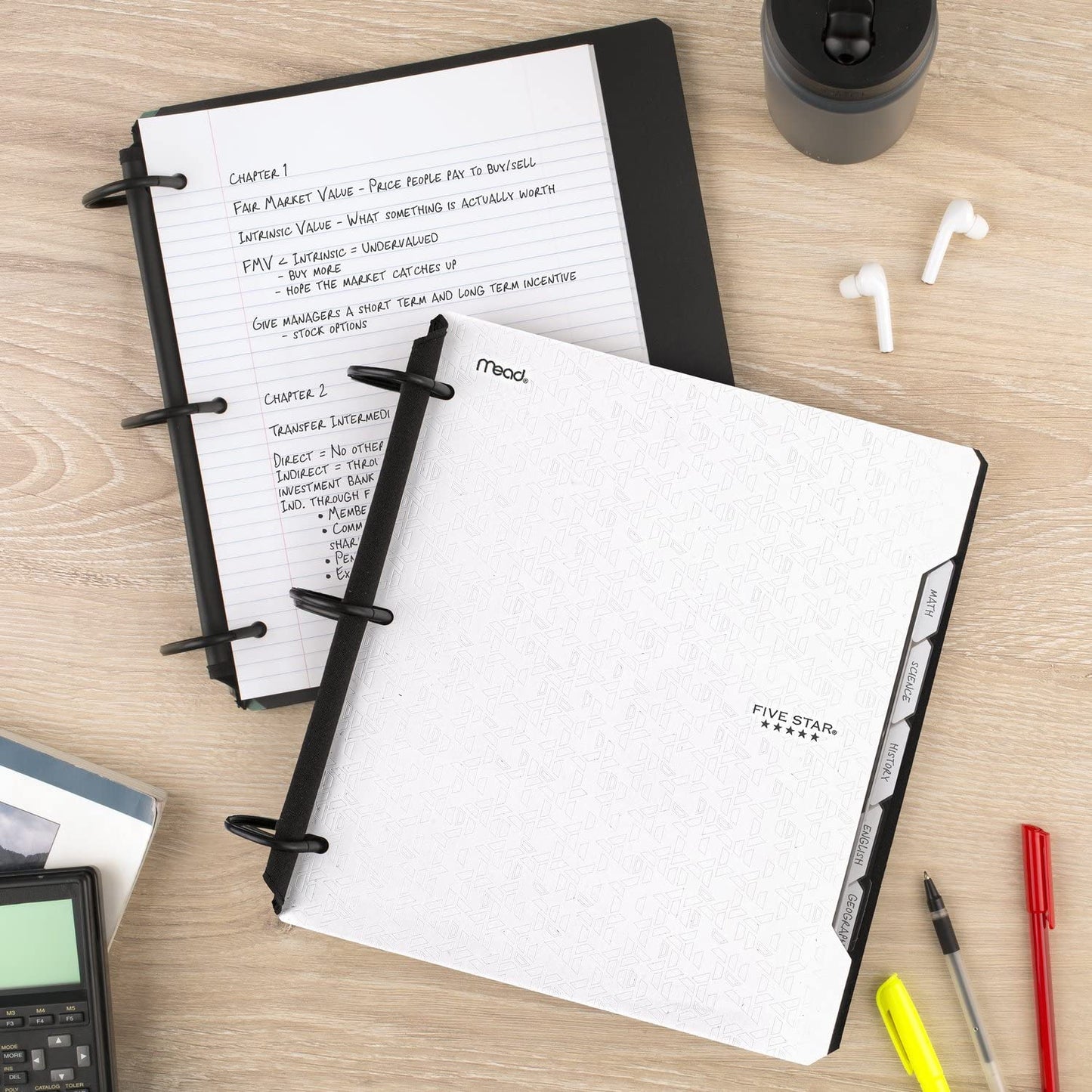 Five Star Flex Refillable Notebook + Study App, College Ruled Paper and 1-1/2 Inch TechLock Ring Binder with Pockets, Tabs and Dividers, 300 Sheet Capacity, White (29324AE2)