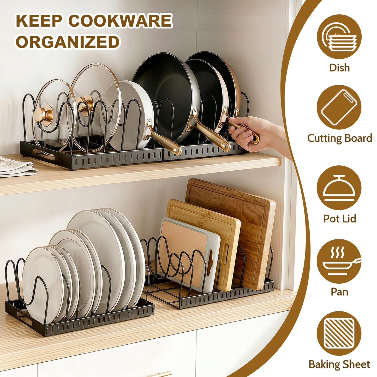 2PACK Expandable (12"-24") Pots and Pans Organizer Under Cabinet with 32 Adjustable Dividers for Kitchen, Pot Lid Organizers Inside Cabinet, Pan Lid Holder, Rust-Resistant Lid Storage, Easy to Clean