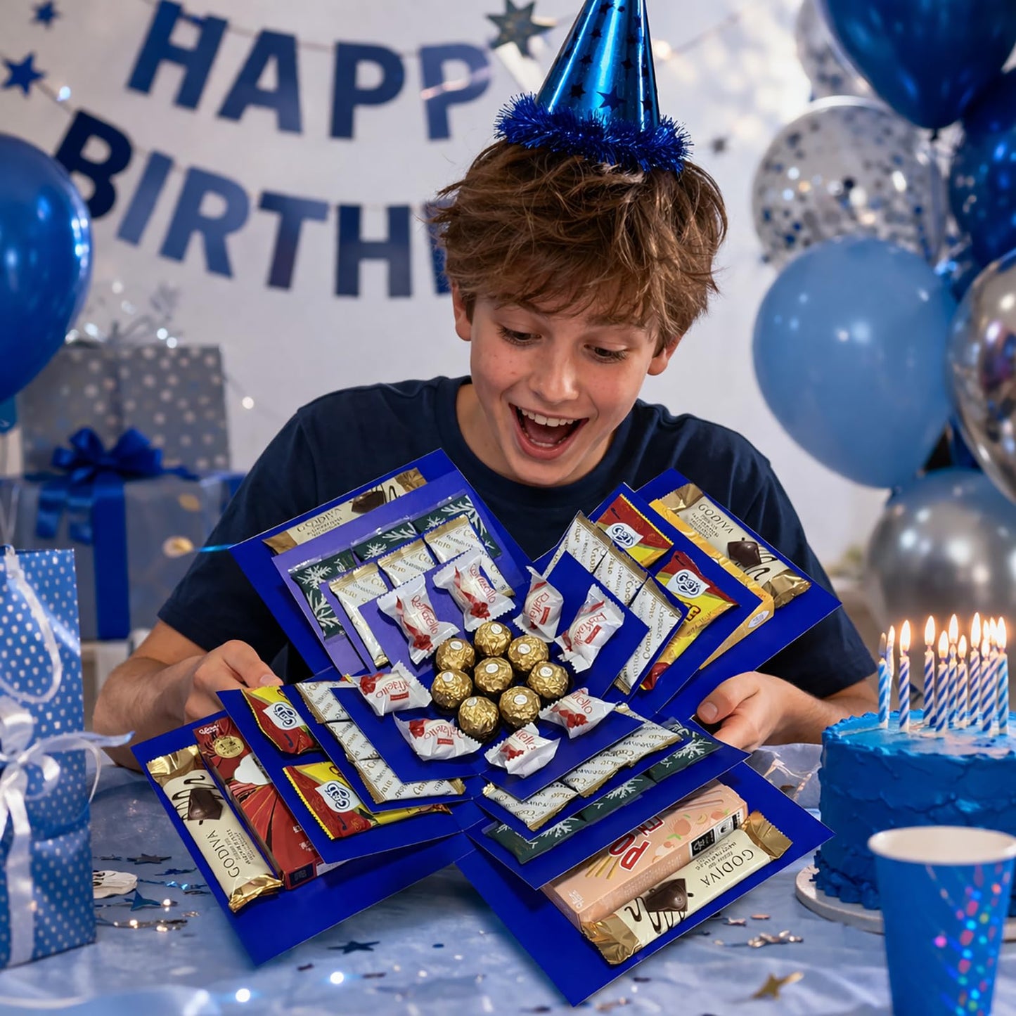 4-Layer Explosion Gift Box, 10''x10''x7'' Blue Glittery Creative Gift Boxes for Presents, DIY Surprise Gift Box Explosion for Birthday Valentine's Day Mother's Day and Anniversaries (Dark Blue)