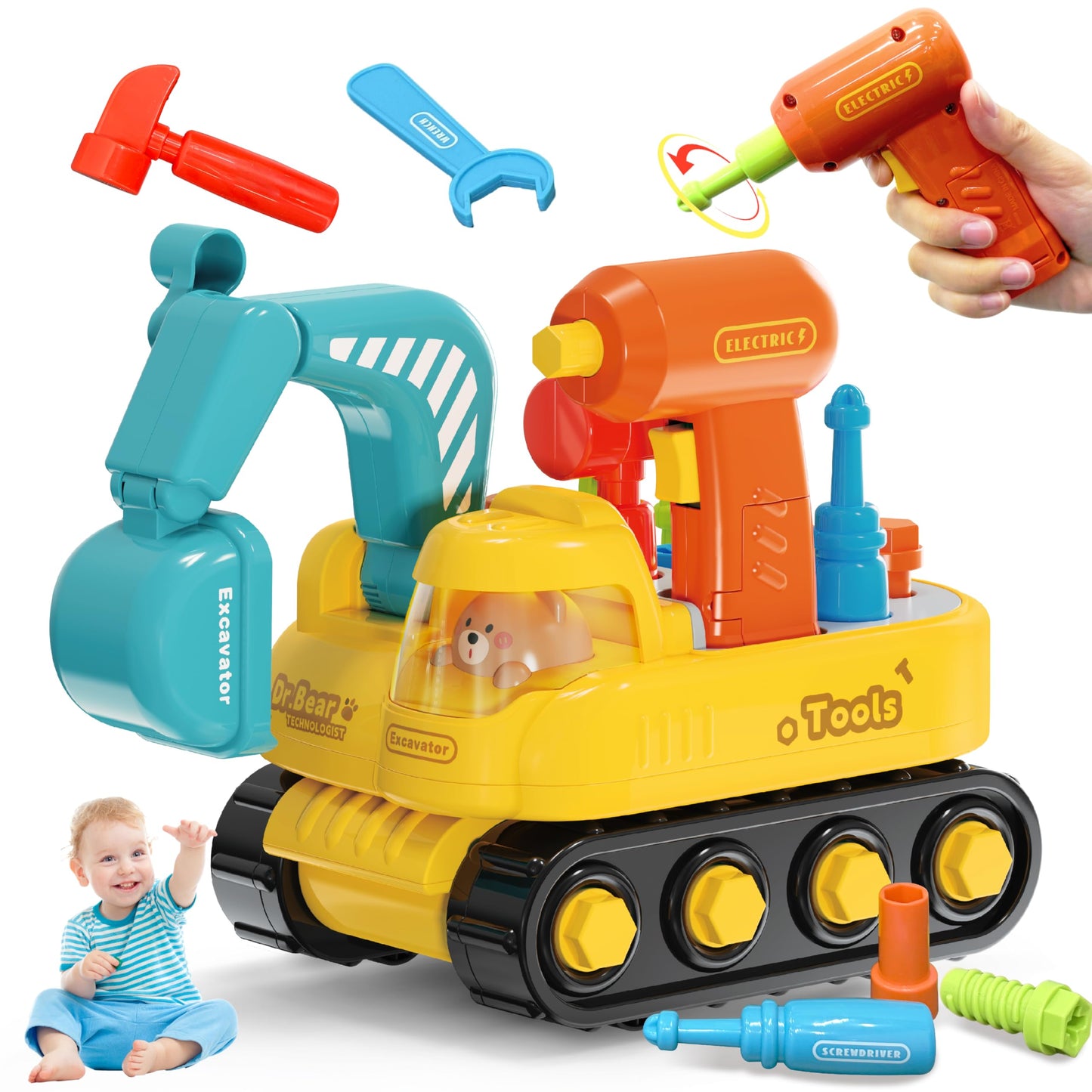 Lechonix Toddler Tool Set—Excavator Take Apart Toys with Electric Drill & Screwdriver & Wrench, Montessori STEM Learning Pretend Construction Toy for 1-6 Years Old Kids Birthday Gift, Musical & Light