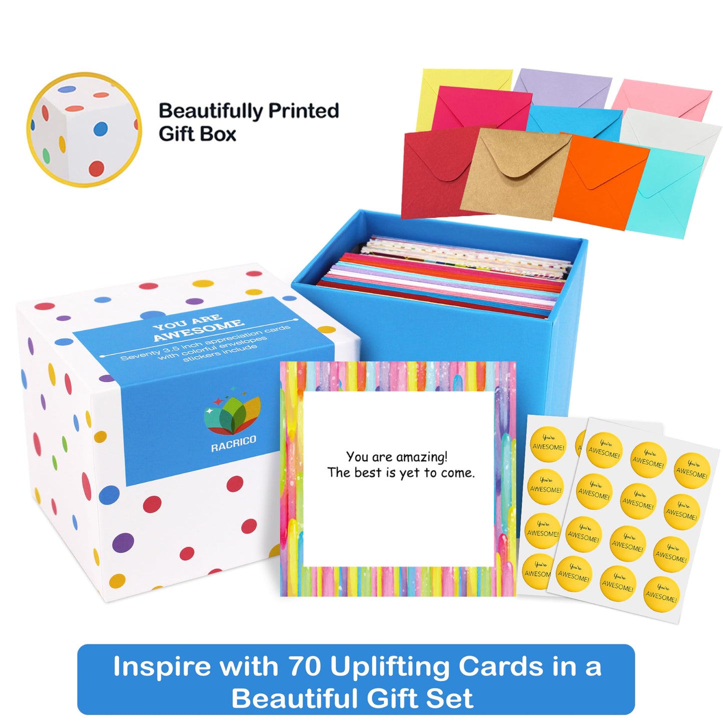 Racrico 70 Inspirational Cards with Envelopes & Stickers – 3.5x3.5 Positive Affirmation Notes in Gift Box – Encouragement, Gratitude, Motivation.