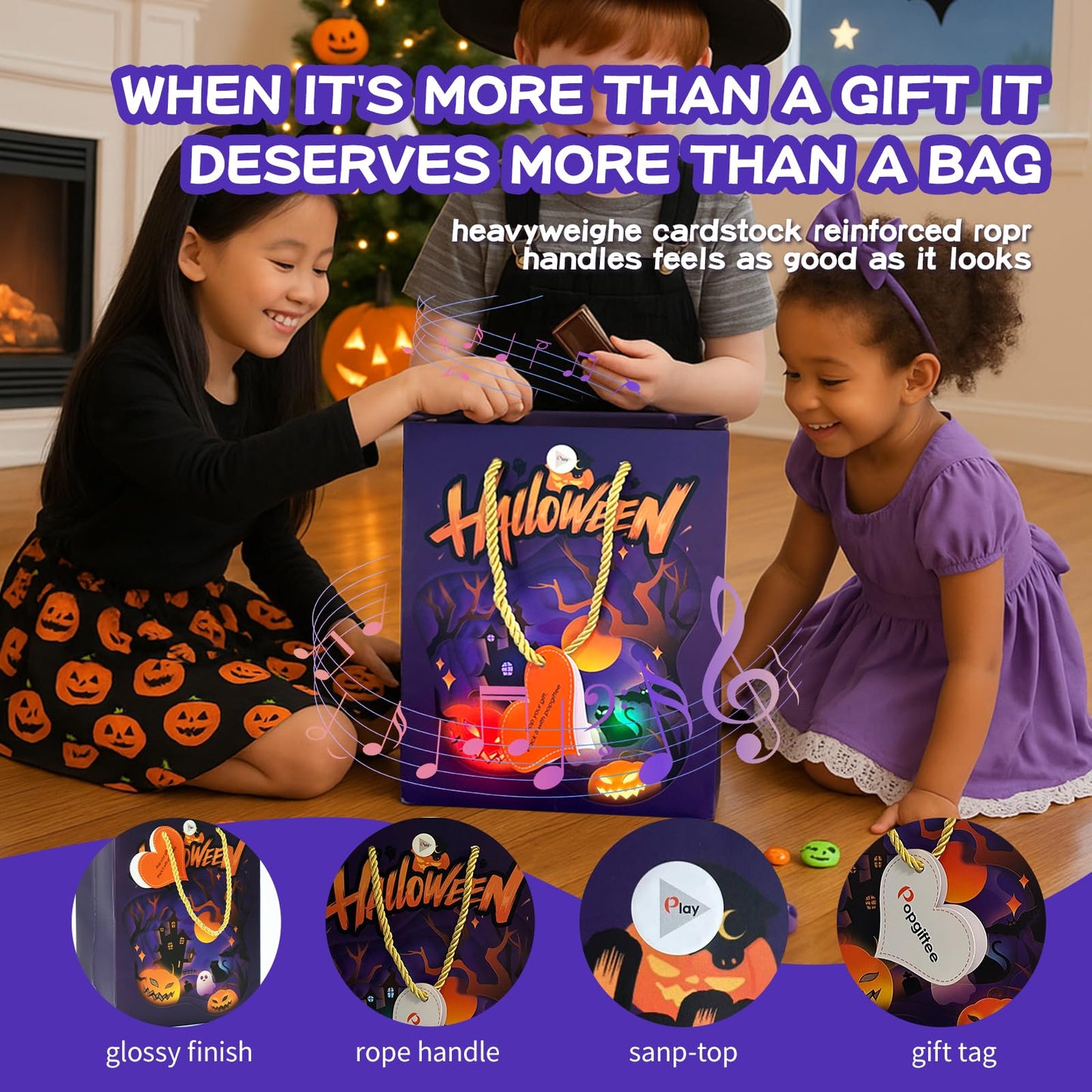 popgiftee Halloween Party Gift Bag Light Fireworks and Cheer Music Treat Bags with Shopping Handle,7.87x3.94x10inch