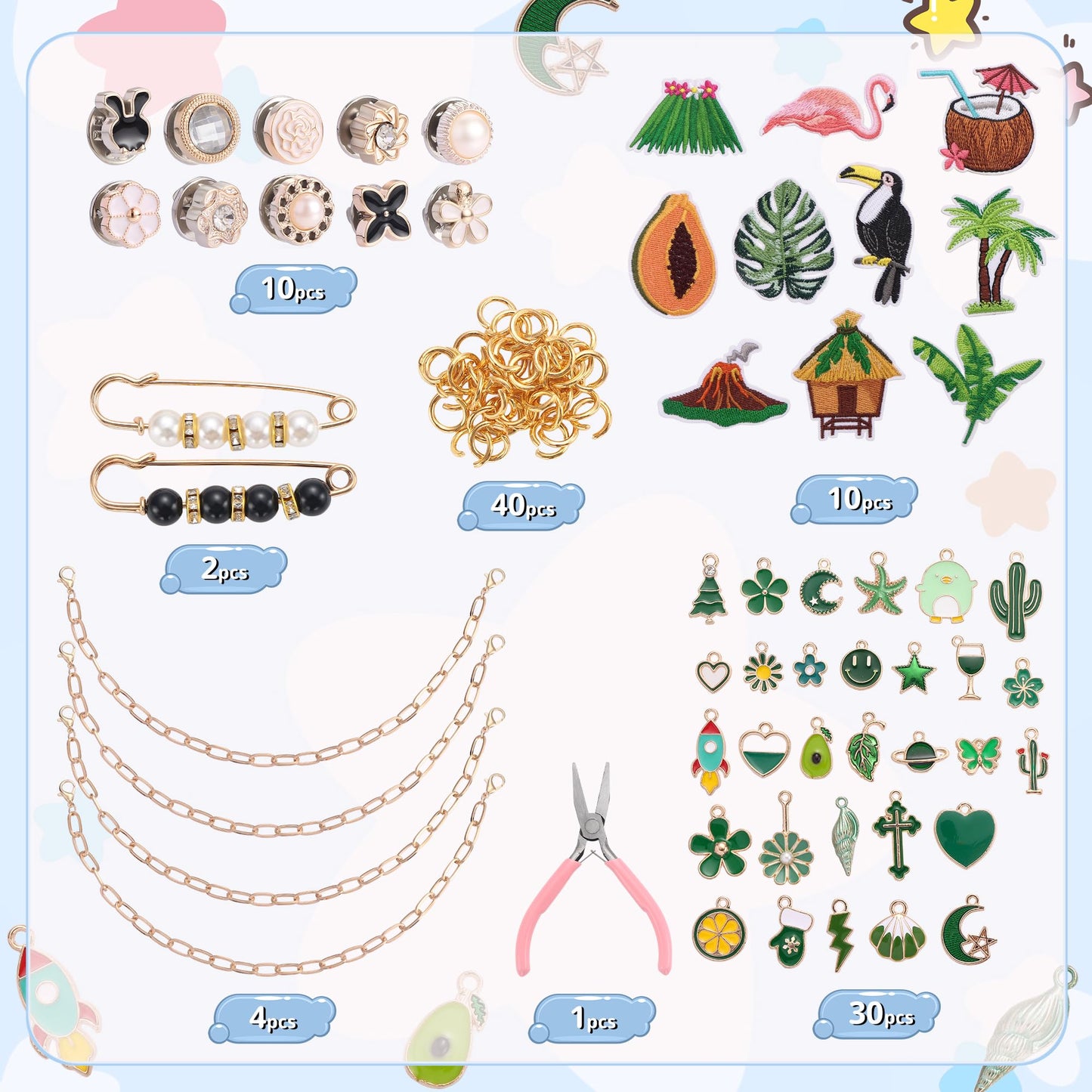 Quorineo Trucker Hat Chains & Embroidered Iron On Patches Kit - 97PCS DIY Decorative Set with Metal Charms for Custom Hats (Women Teens Men) Green Series