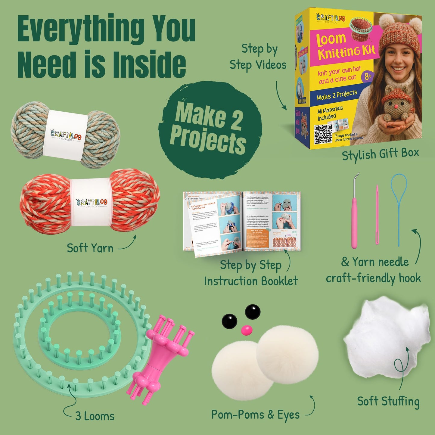 CRAFTILOO Knitting Kit for Kids – Beginner Knitting Kit to Make a Hat & Cat – Quick Knit Loom Kit with Yarn, Tools & Instructions