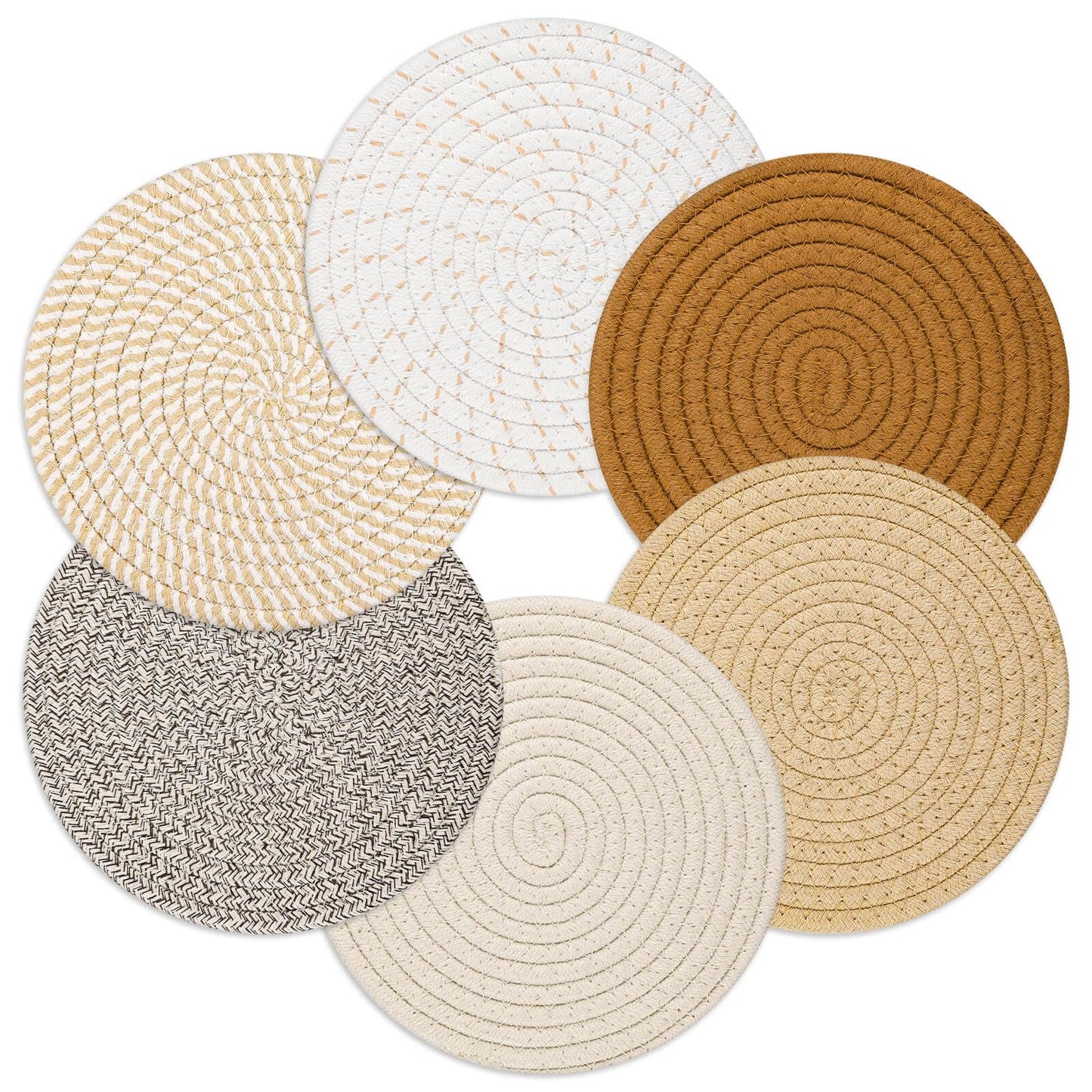 Billbotk 8"" Trivets for Hot pots and Pans, 6 Heat Resistant Hot Pads, Pot Holders for Kitchen, Hot Plate Mats for Table, Kitchen Decor for Counter, Home Essentials, Farmhouse, Brown, WT-6-2