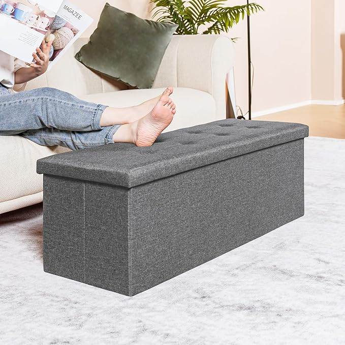 PINPLUS Folding Storage Ottoman Bench, Grey Linen Long Ottoman Chest Foot Rest Stool with Padded Seat, Chest with Tray, Bedroom Bench with Storage, 43.3inches