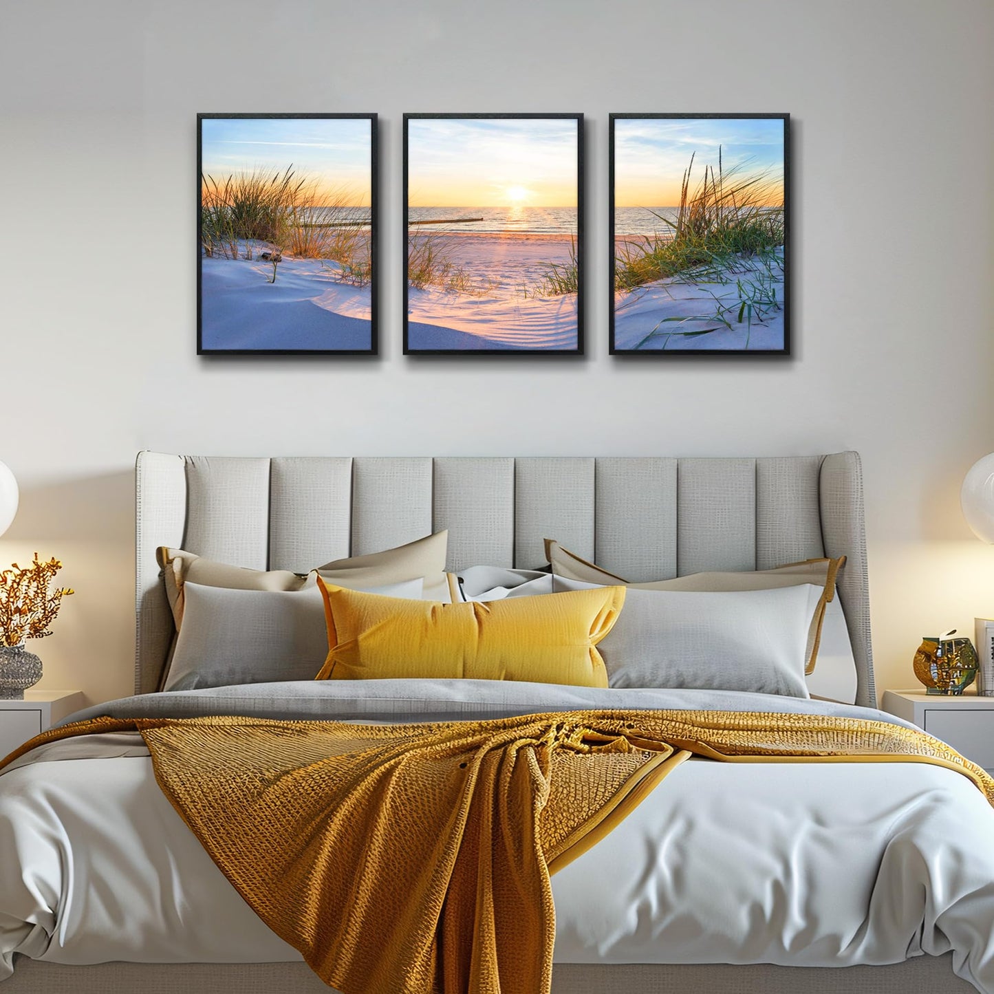Black Framed Beach Wall Art Set - Blue Seascape Paintings for Living Room, Bedroom & Office - 12"X16" Each