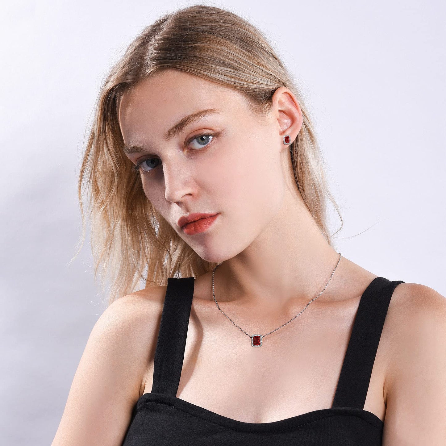 Bestyle 925 Sterling Silver Created Diamond Earrings Square Studs for Women, 5mm January Granet Birthstone Gem Earrings Illuminated by 1mm White Cubic Zirconia